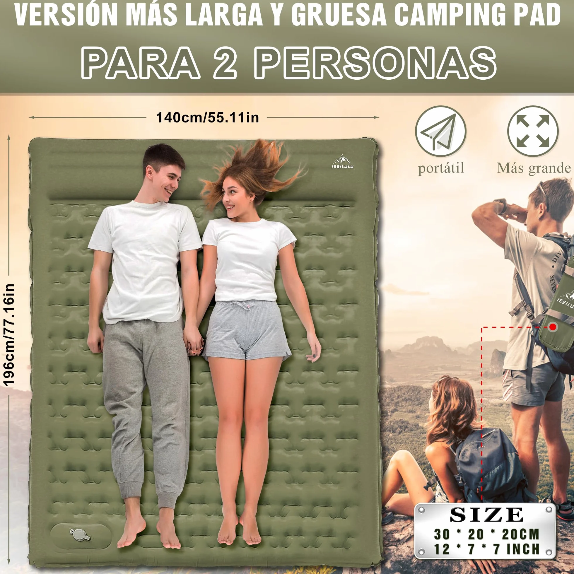 IEEILULU Colchón Camping 2 Personas 196x140cm Esterilla Ultraligero Impermeable Autoinflable