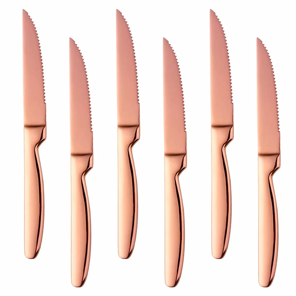 Bisda Juego de 6 Cuchillos de Carne Oro Rosa serrado Steak Knives Acero Inoxidable Sierra Cuchillo para Carne 22cm de Largo Cuchillos de Mesa Cuchillos de Cocina lavavajillas Seguro