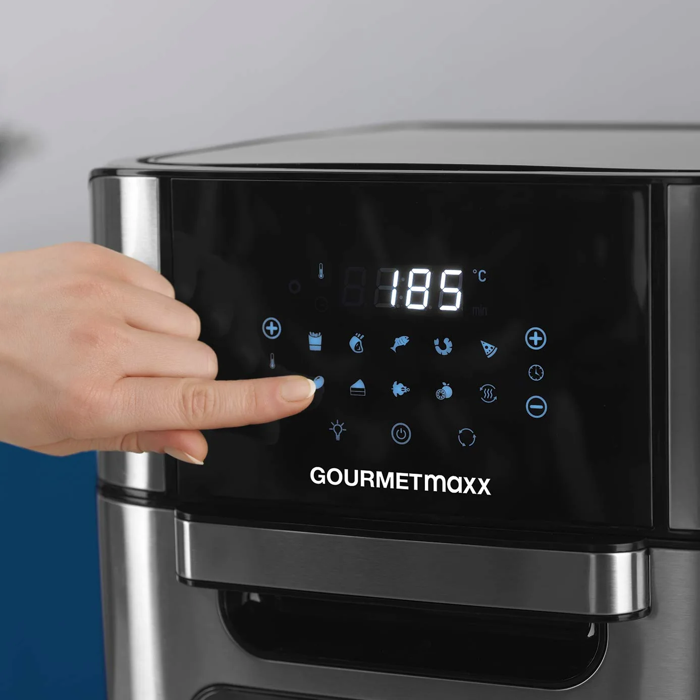 GOURMETmaxx Digital Hot Air Fryer 12 L, Horno XXL, Negro | Airfryer + temporizador, pantalla táctil, espetón giratorio | freír con poca grasa, ahorro de energía | 10 programas incl. pizza | 1800 W