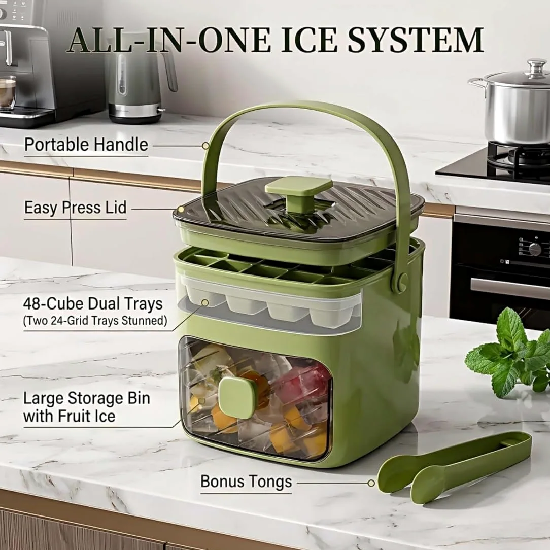 48 Cubos Máquina De Hielo Con Tapa Easy-Press Máquina De Hielo Portátil Doble Nivel, Cubitera Portátil, Bandeja De Hielo Con Cajón, Molde De Cubitos De Alta Capacidad Para Cócteles Y Fiestas (2 pcs-3)