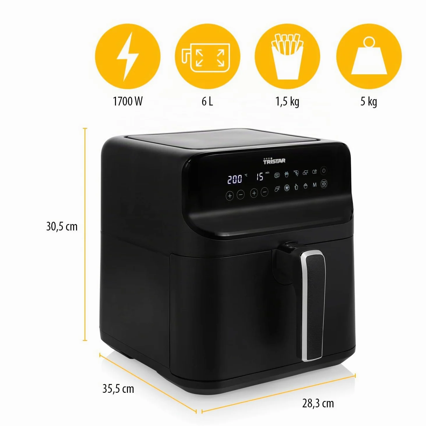 Tristar Freidora sin Aceite 6 L Digital, Airfryer para 1,5 kg Patatas, 9 Programas, Pantalla LED Táctil, Hasta 70% Ahorro Energético, 1350 W, Negro Mate, FR-9025