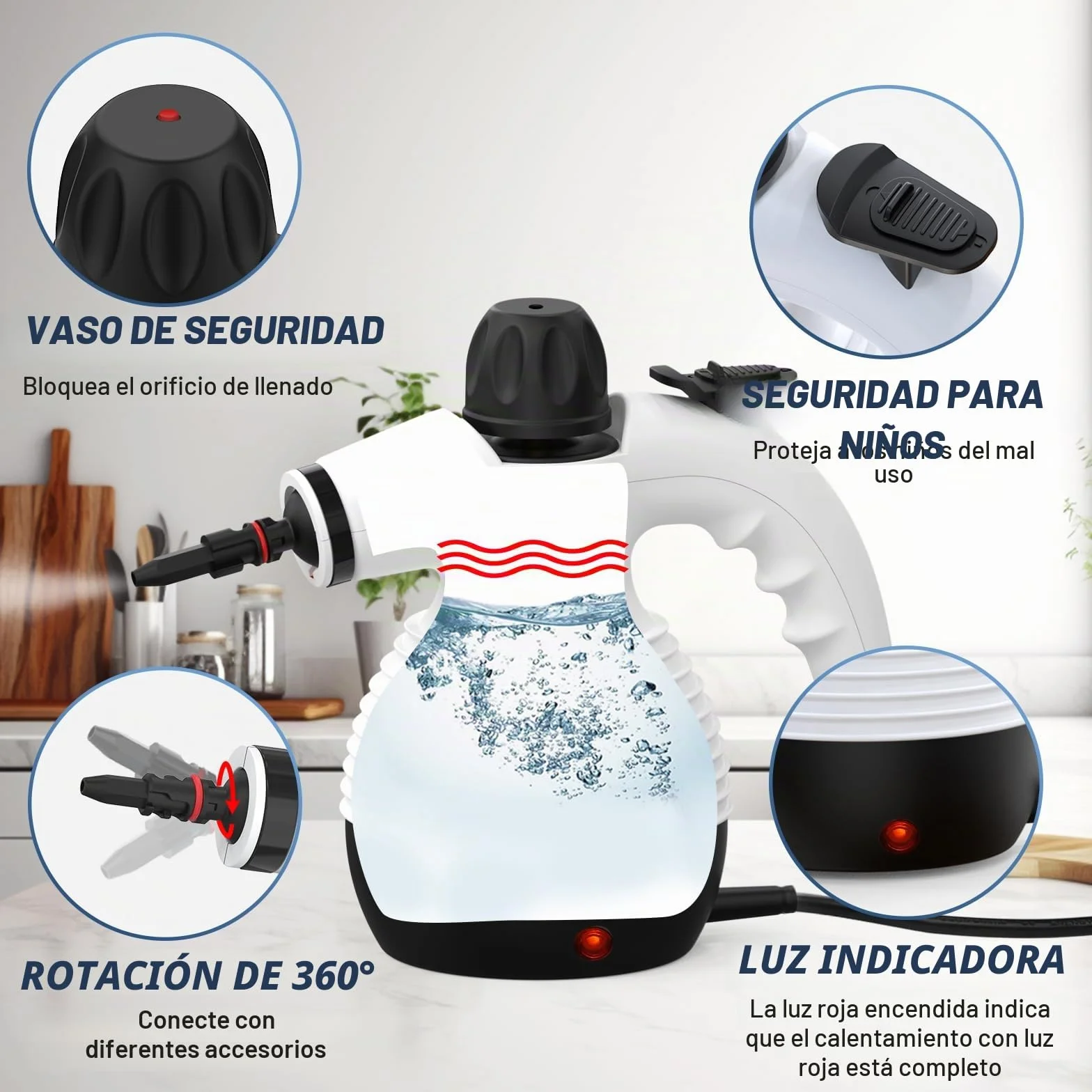 Vaporeta de Limpieza, Limpiador de vapor para todo, portátil multiusos Steam Cleaner con 10 accesorios para alfombras, cortinas, sofás, cocinas y baños. (Black)