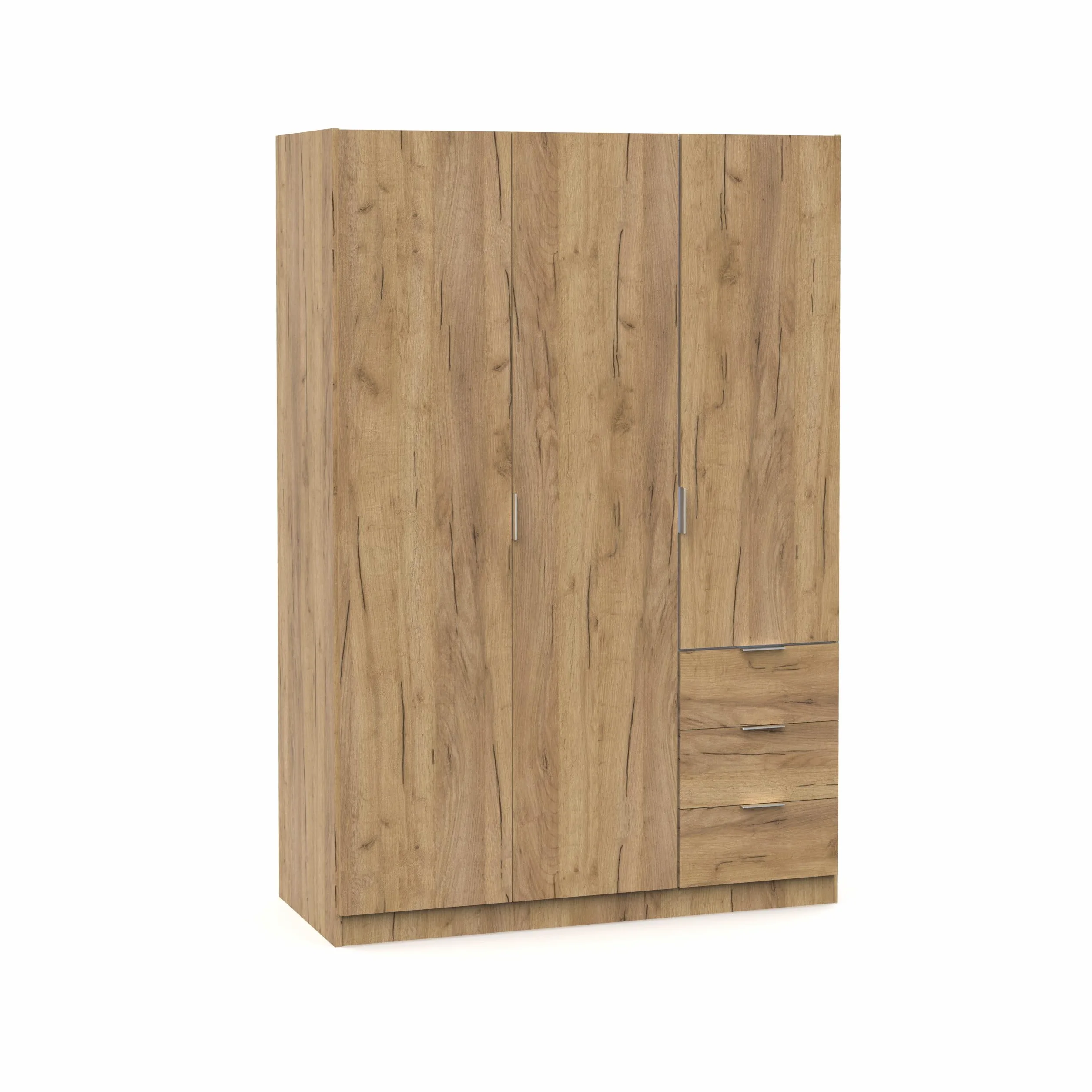 MUEBLES PITARCH Armario Dormitorio Ropero 3 Puertas 3 Cajones, Roble Kraft, 180x120x50 cm(Alto x Ancho x Fondo), Mueble Auxiliar Moderno, Colección Turín