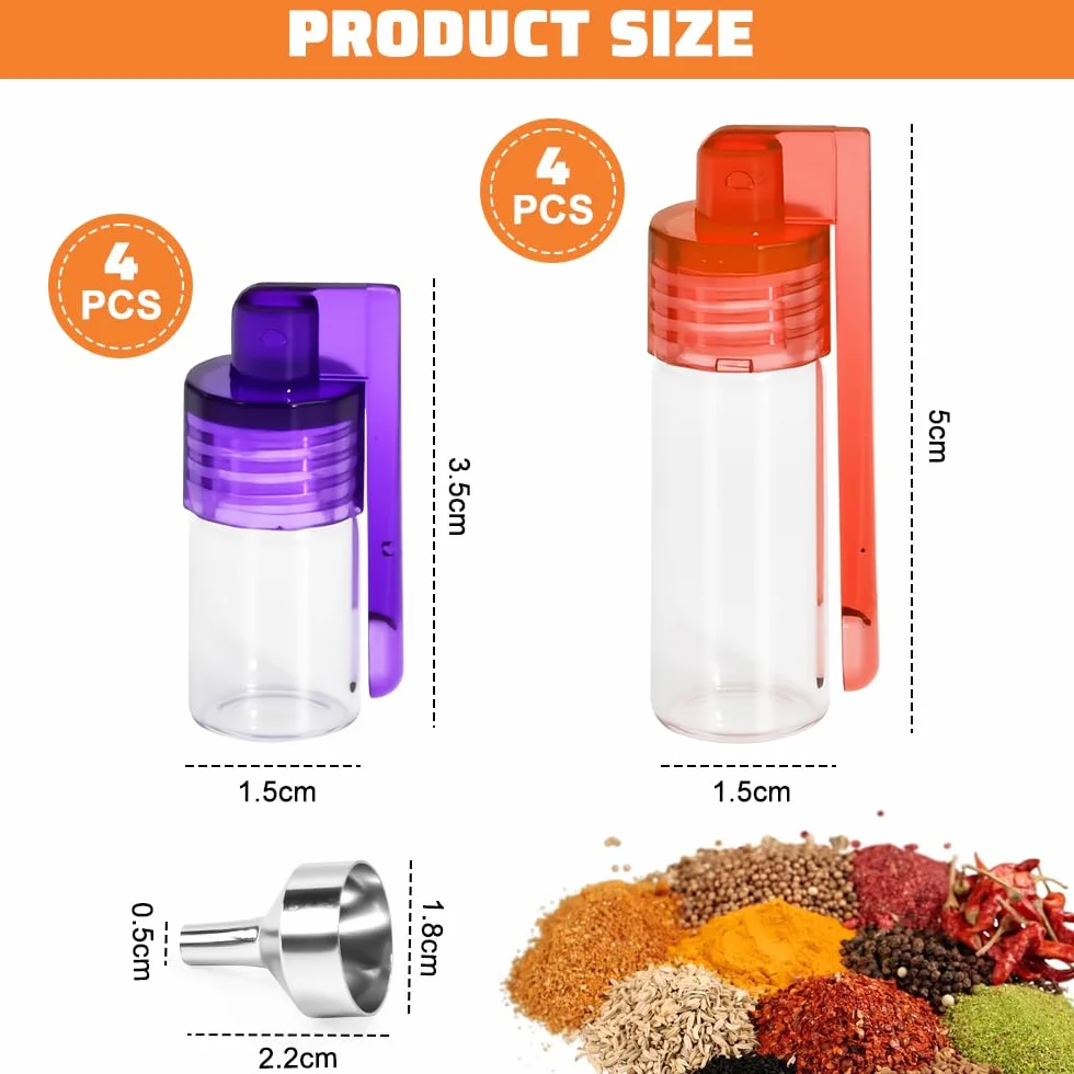 8 PCS Mini Botella de Almacenamiento de Especias Botella de Polvo de Especias con Tapa con Cuchara Bote de Cristal para Polvo de Especia con Embudo Dispensador de Polvos de Especia(2 Tamaños)