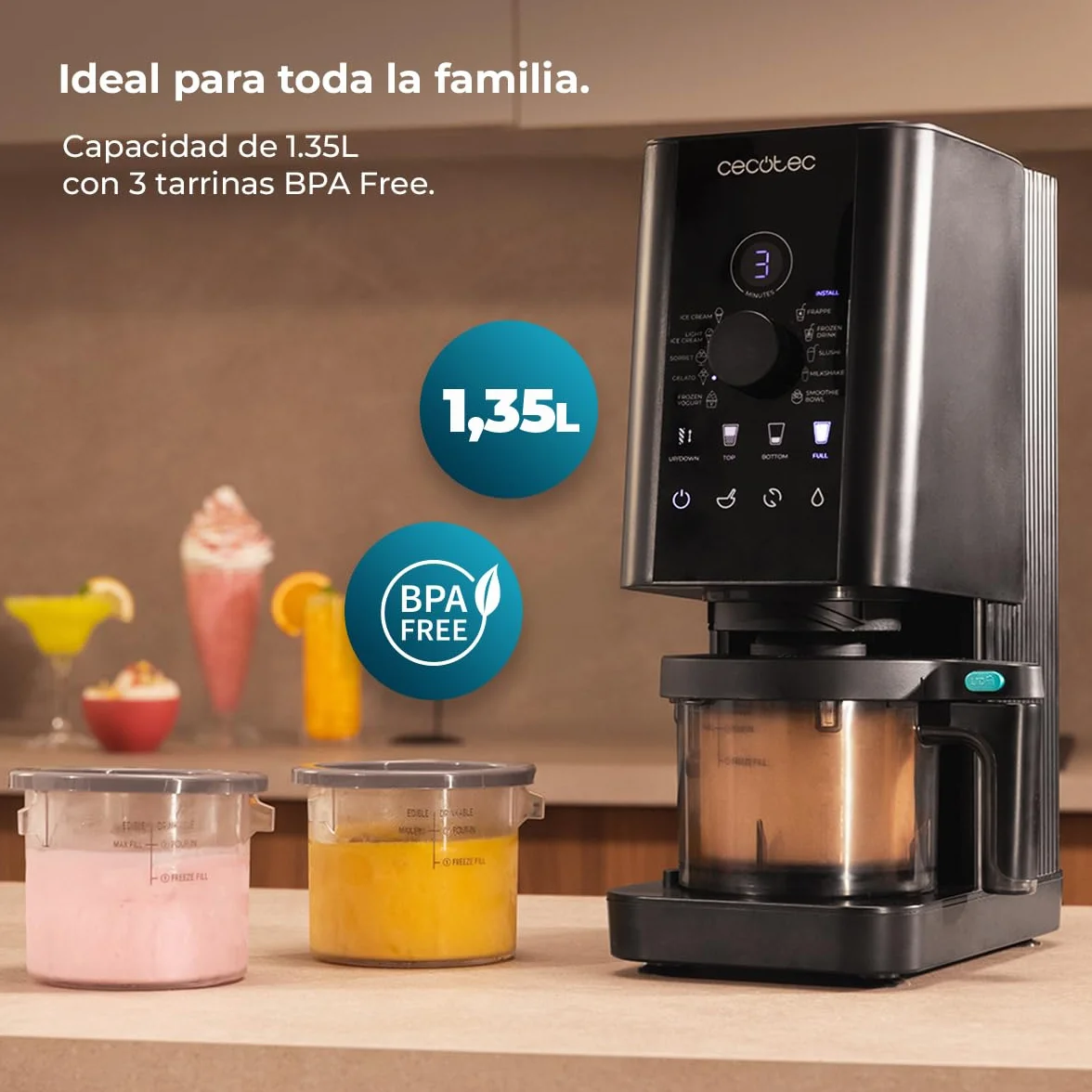 Cecotec Máquina de Helados - Heladera - 1,35L - Gelatec 1800. 700W, 10 Programas, Botones Táctiles y Mando Giratorio, Helados y Bebidas en 3 Pasos, 3 Tarrinas BPA Free, Cremosidad Perfecta