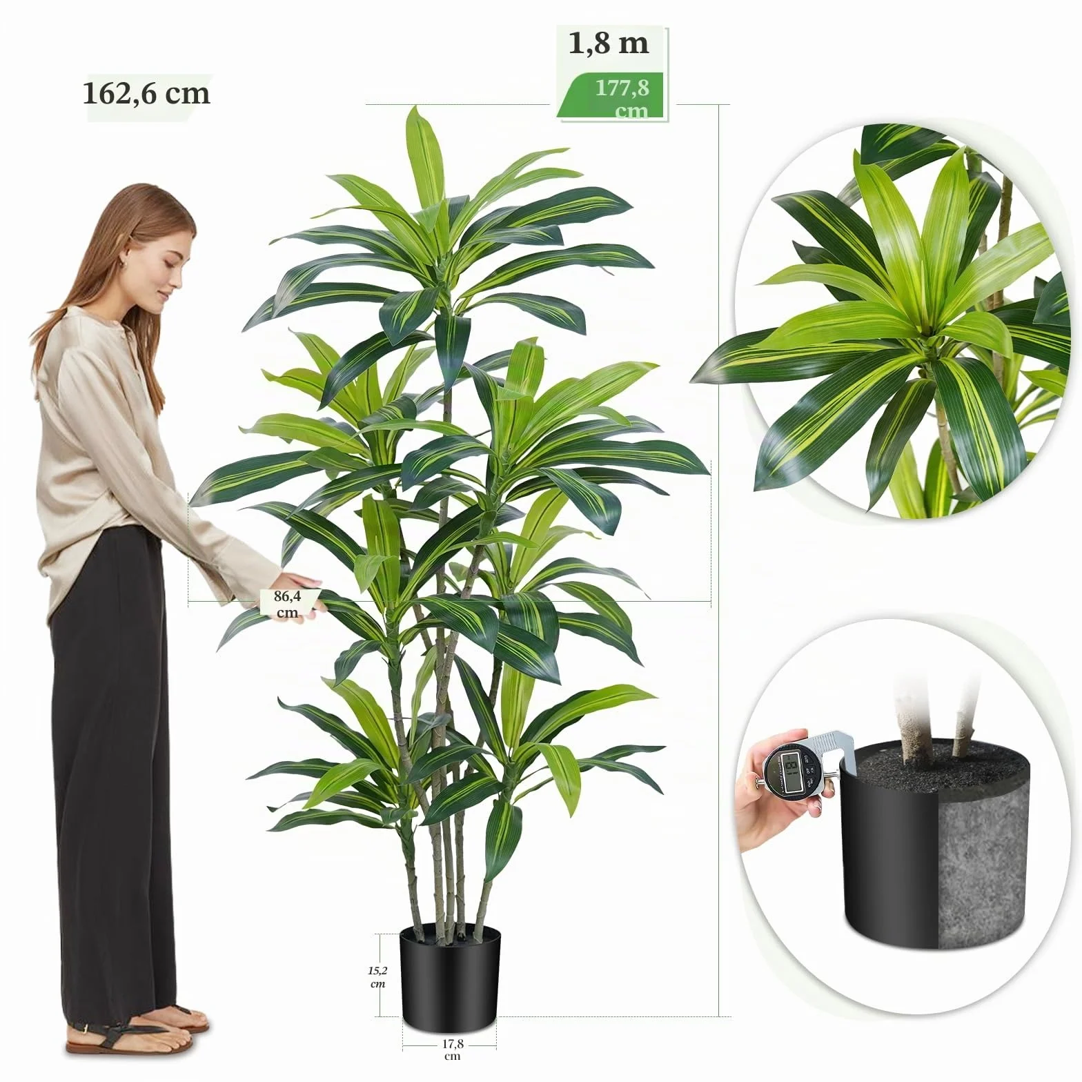Planta Artificial Dracaena de 180 cm Planta Artificial Grande con Maceta Negra Plantas Artificiales Decorativas para Interiores Decoración Salon hogar Dormitorio Oficina Pasillo