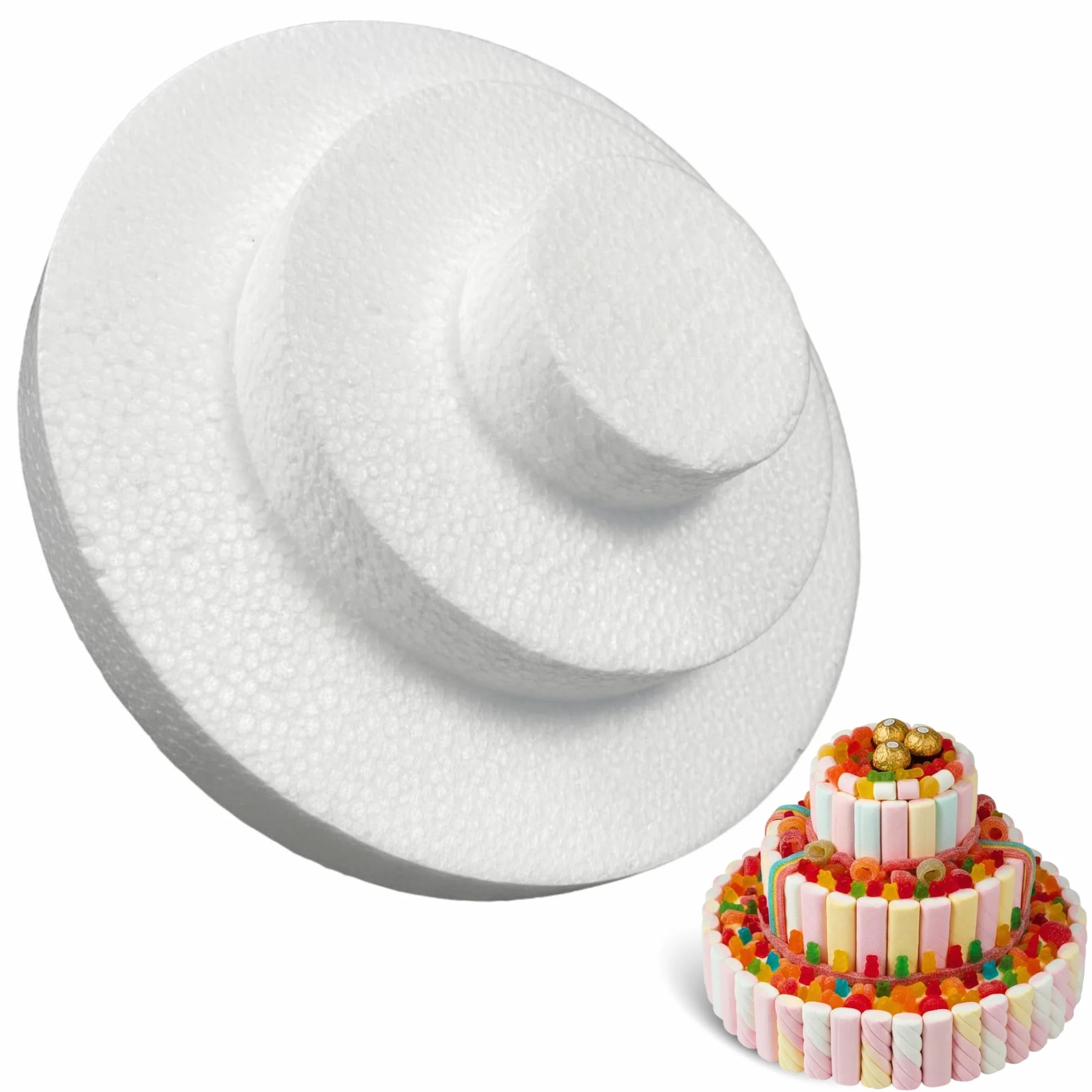 CHEFZOCO Molde de poliestireno para tartas, Juego de 3 pisos para tartas, Bases para tarta, Apto para para arreglos florales, cumpleaños, bodas, fiestas, Diseño circulos 3 niveles 10-20-30 cm