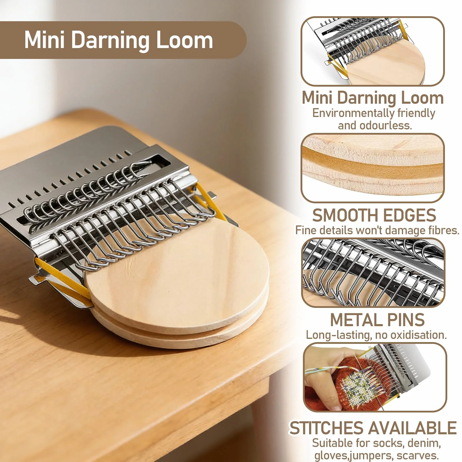Kit de Telar, Telar Pequeño para Tejer Máquina de Tejer en Telar de Madera Herramienta para Zurcir Manualidades para Tejer y 4 Aguja de Tejer para Remendar Jeans Calcetines y Ropa (14 Hooks)