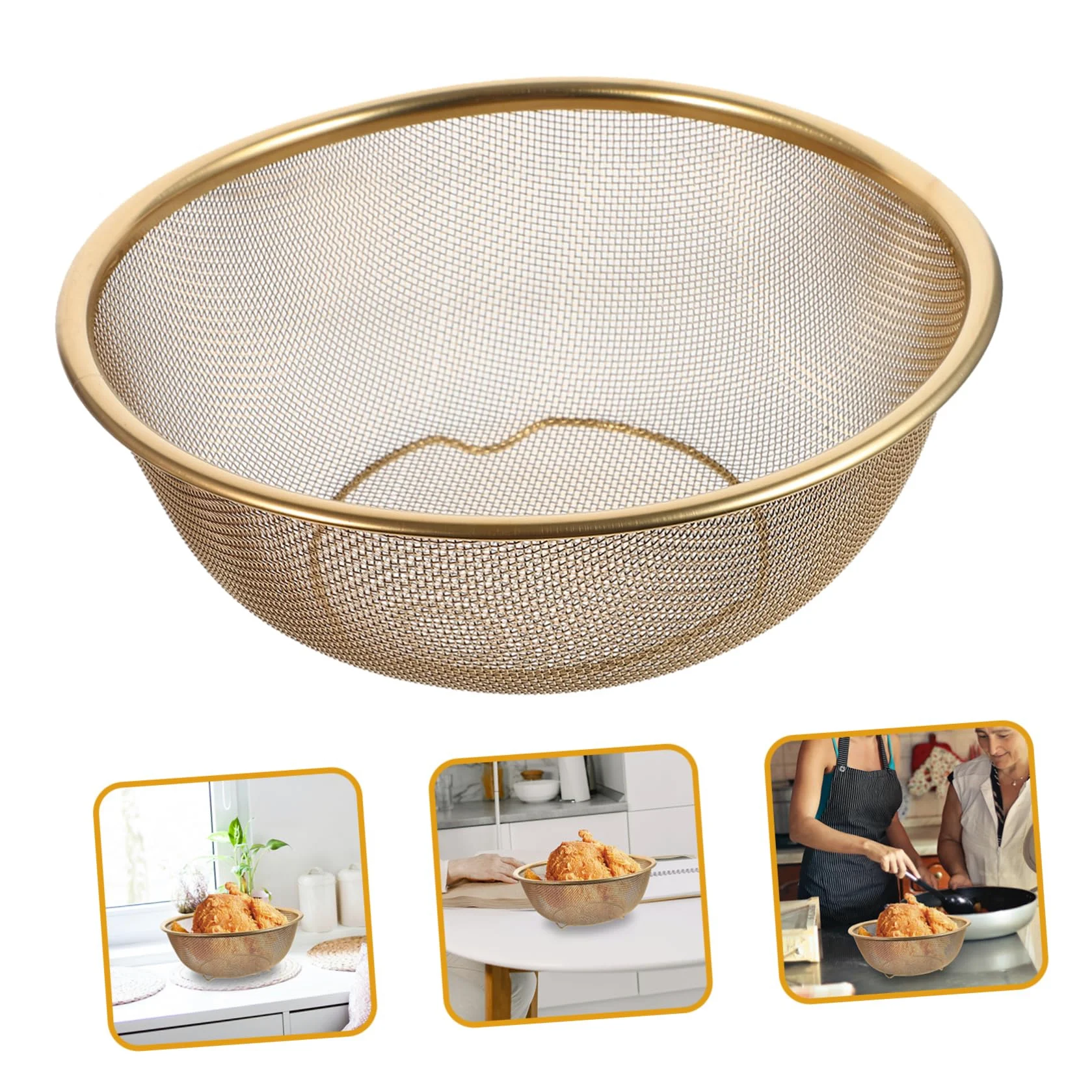 SOLUSTRE Colador de Cocina Doble Asa de Acero Inoxidable Dorado Cesta Coladora Redonda Resistente a Deformaciones y Fácil de Almacenar para Uso Diario y Camping