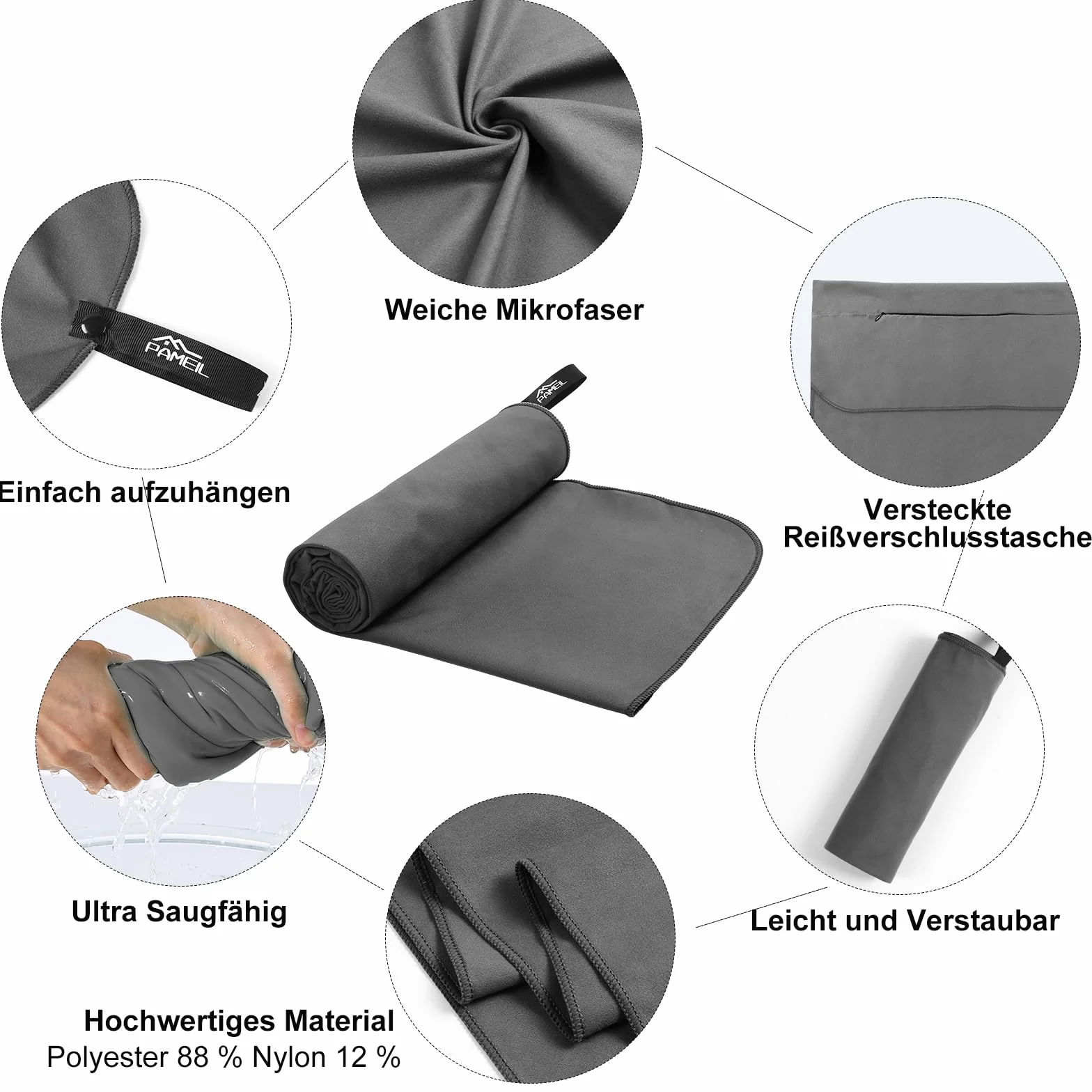 Pameil Toalla de Microfibra 120x50cm Deporte Ligera Absorbente Secado Rápido con Bolsillo Cremallera