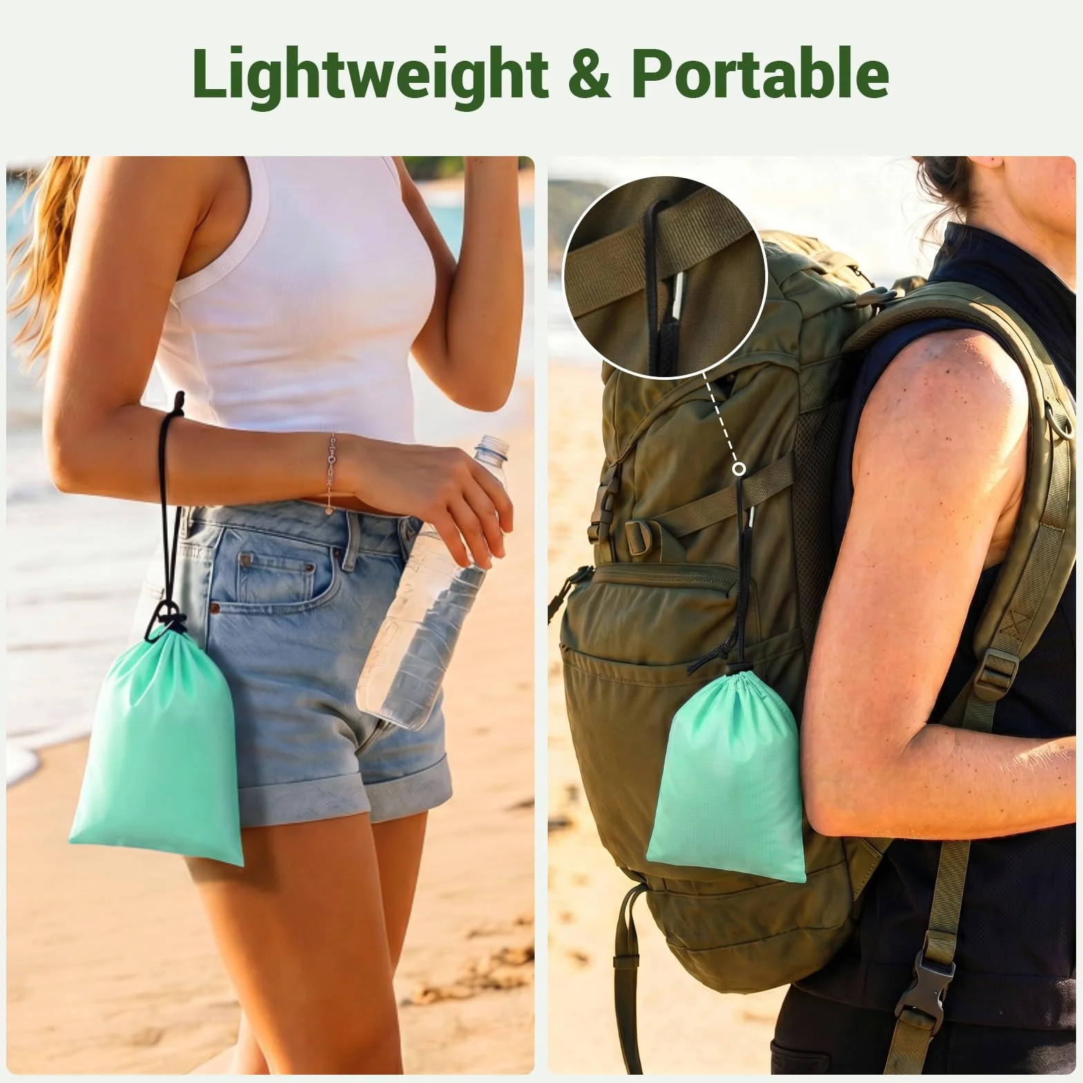WolfWise Gran Manta de Playa 200x205 cm Impermeable Antarena Ultraligera 4 Personas 4 Bolsas Arena 4 Estacas Verde