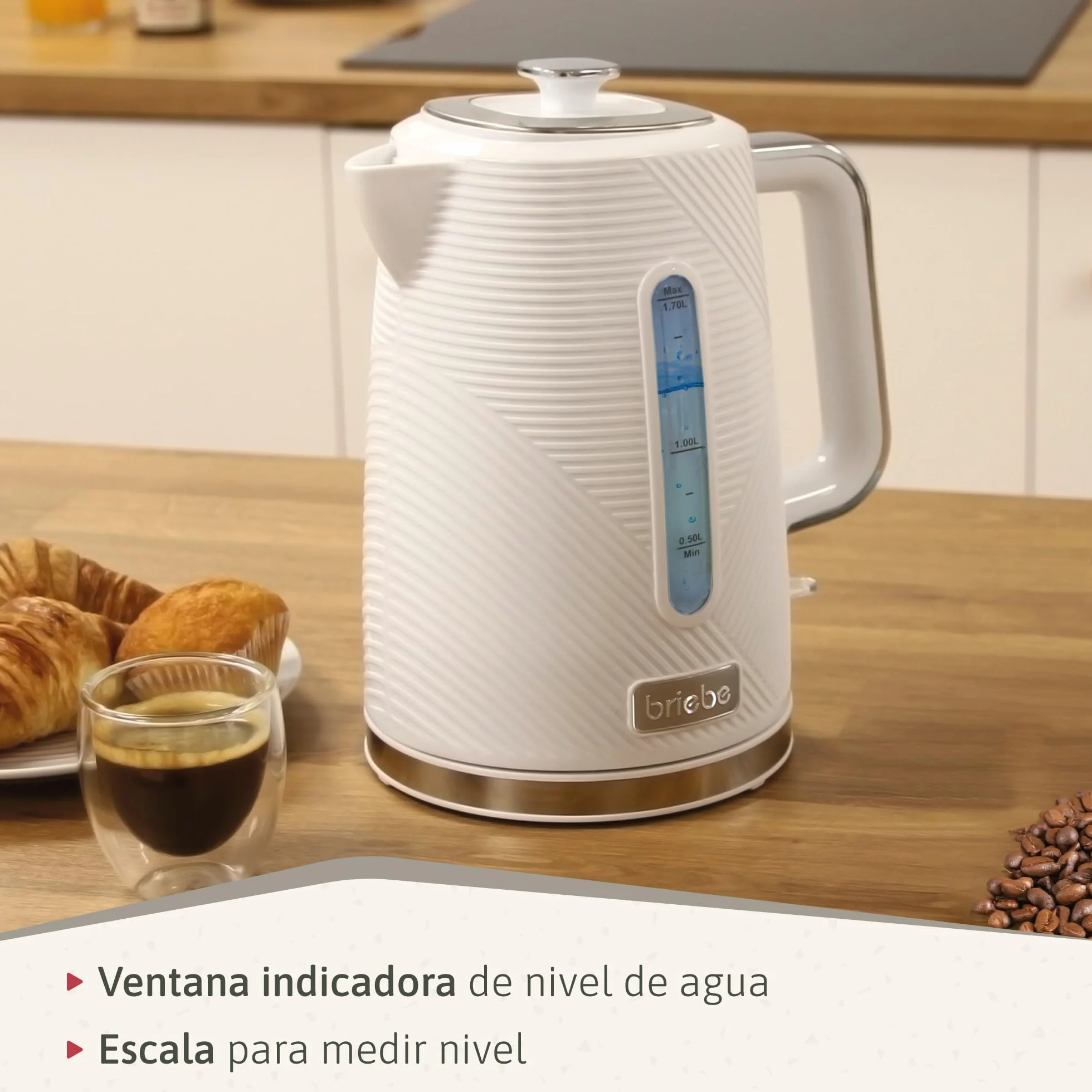 briebe Elegance Set Tostadora Pan Ranura Ancha 2 Rebanadas, 7 Niveles Tostado + Hervidor Agua Eléctrico 1,7L Inalámbrico, 2200W Ebullición Rápida, Libre BPA, Pack Desayuno Diseño Moderno Blanco