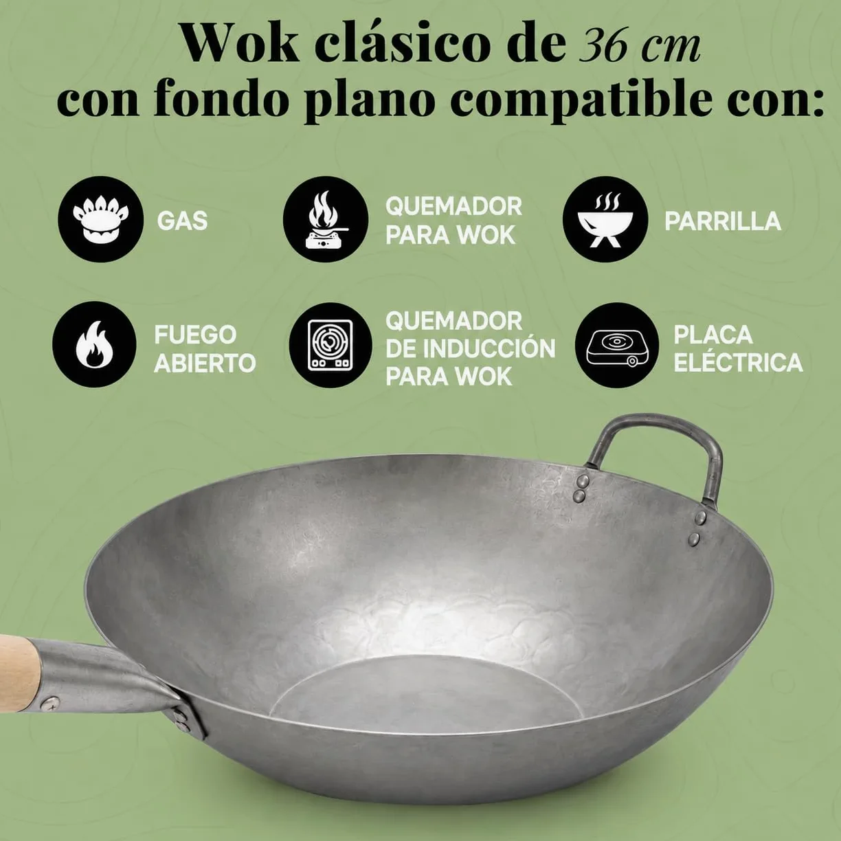Homira Wok de Acero al Carbono de 36 cm, Martillado a Mano, Fondo Plano y Mango de Madera – Sartén Wok Tradicional sin PFAS para Inducción, Gas, Vitrocerámica, Barbacoa y Exterior (Fondo Plano)