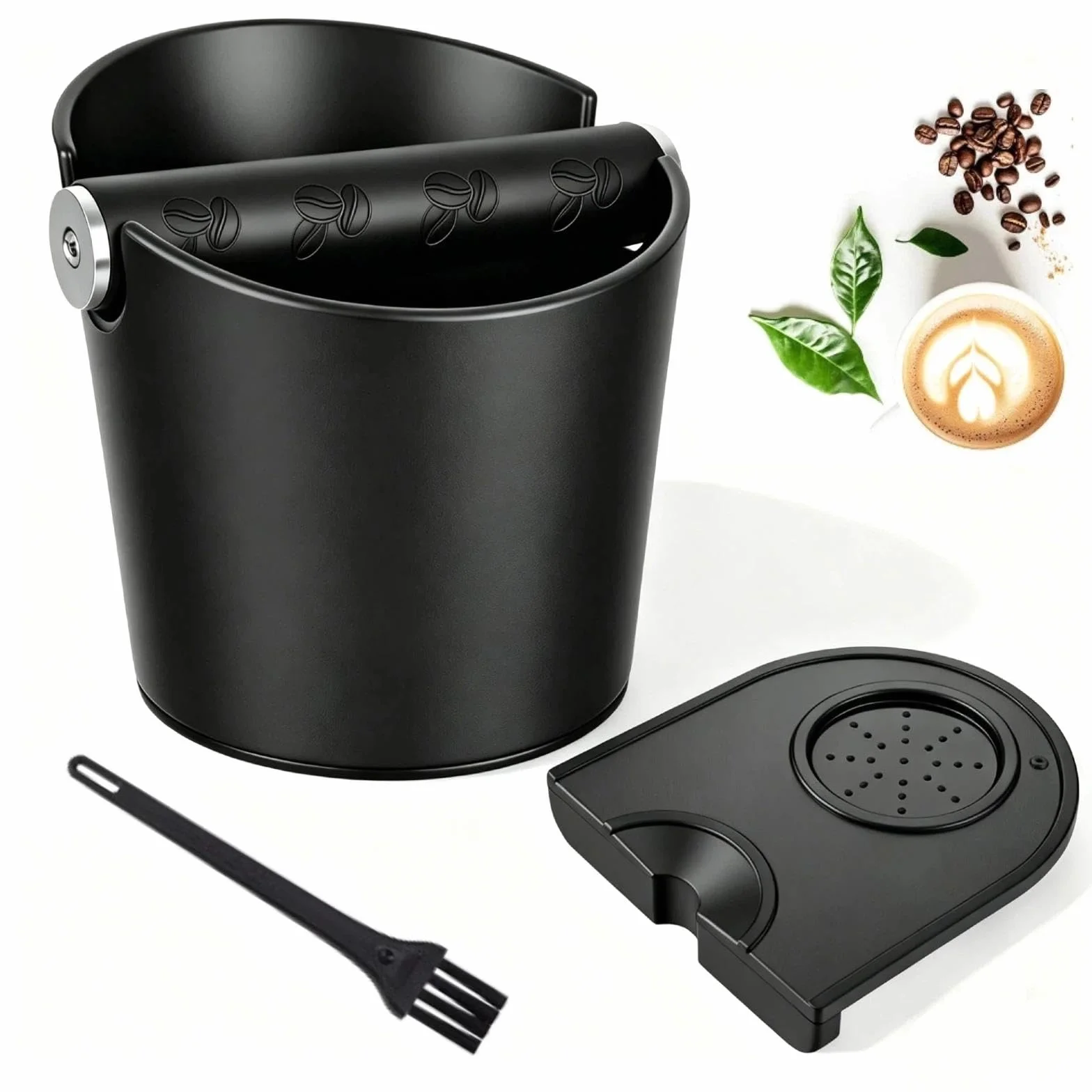 Coffee Knock Box, 12 x 12cm Cajon Posos Cafe, Caja para Posos de Café, Tapete de Prensado Antideslizante con Cepillo, Accesorio para Cocina y Cafetería, Negro