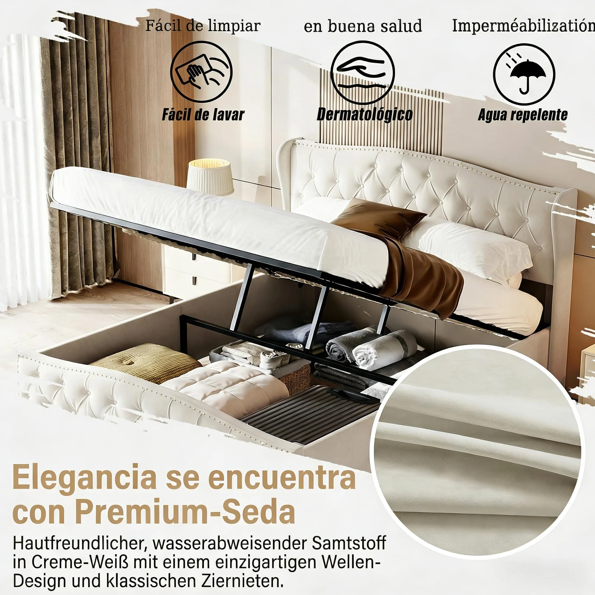 Cama Tapizada 140x200 cm con Canapé Abatible y Somier, Estructura de Cama Doble de Terciopelo con Espacio de Almacenaje, Cabecero Ondulado con Remaches, Soporta 250 kg, Blanco Crema (Sin Colchón)