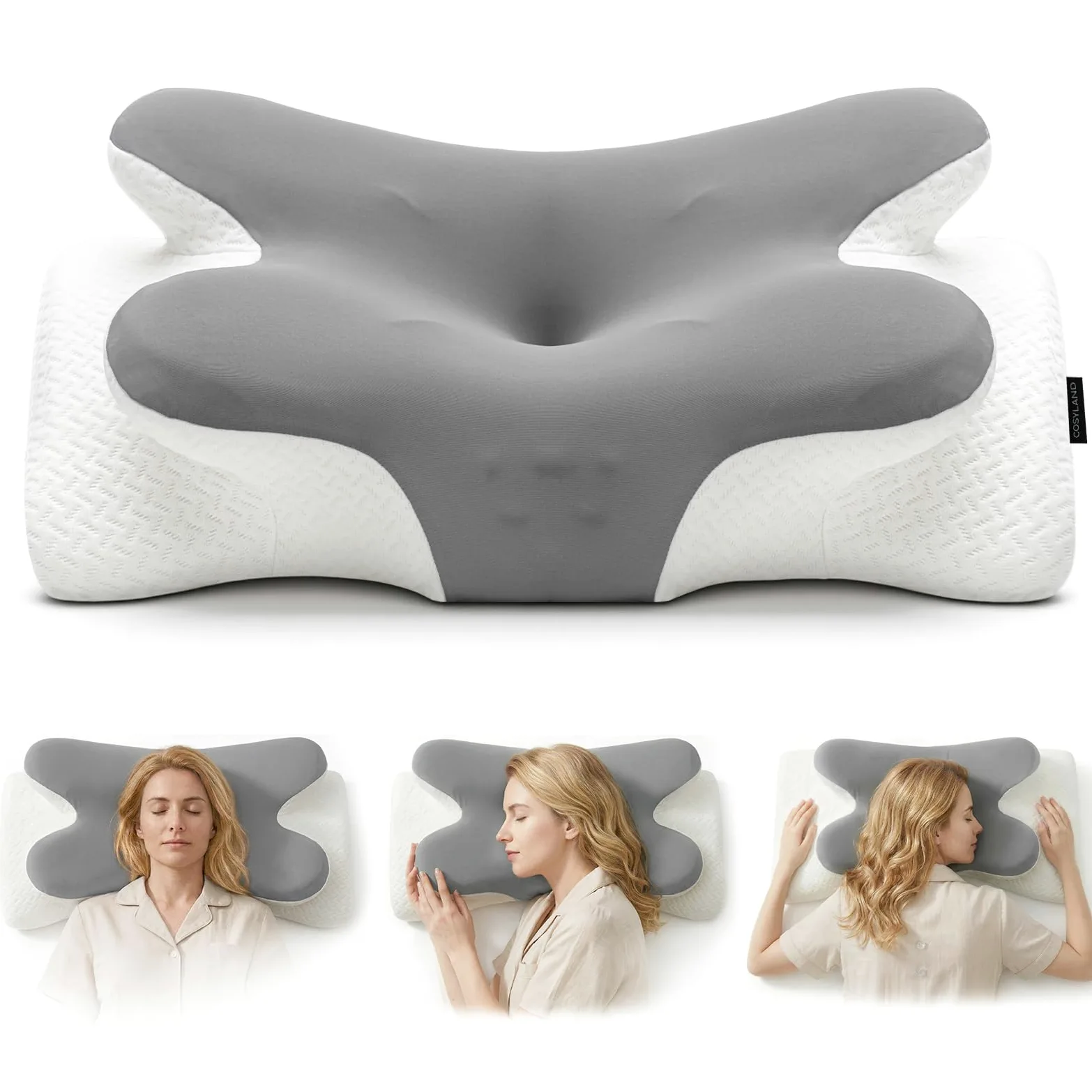 COSYLAND Almohada Cervicales y Cuello - Espuma Viscoelástica, Diseño Mariposa con Soporte Ergonómico y Transpirable, para Dormir de Lado, Boca Arriba y Boca Abajo, 63 x 34 x 11/13 cm, Gris