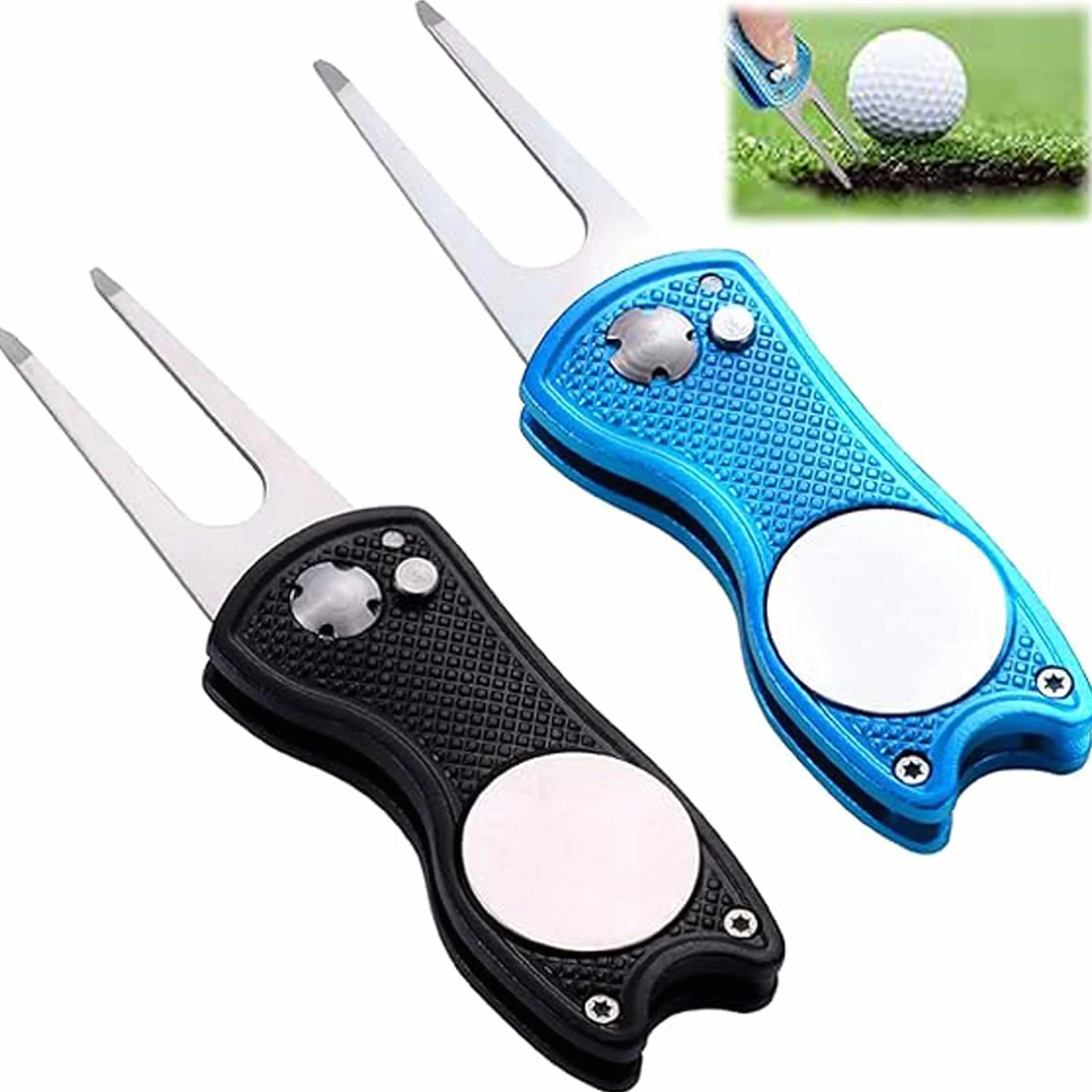 2 Piezas Pitch Fork Ball Markers Golf, Golf Divot Tool, Con Botón Emergente Y Marcador De Bola Magnética, Marcador De Bola Magnético Para Golfistas, Arreglapiques Golf, Para Amantes Del Golf