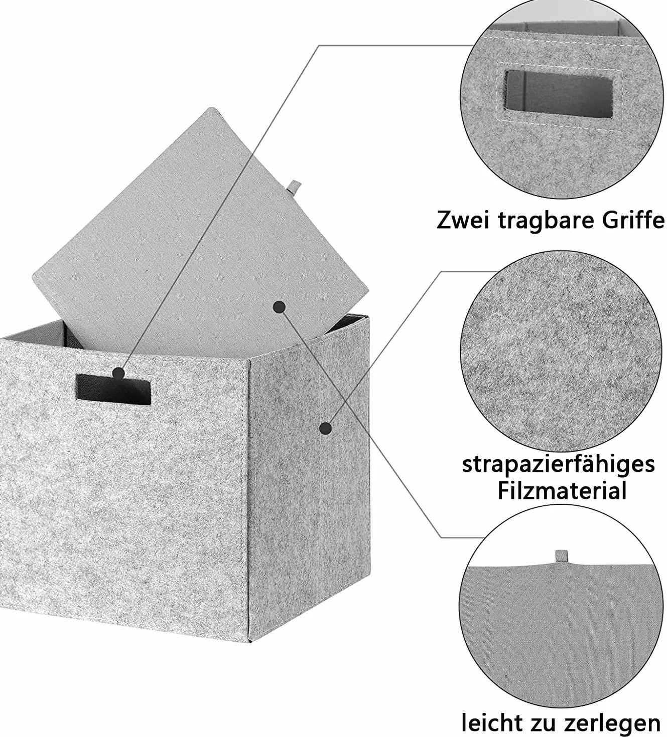 Caja de almacenamiento de fieltro plegable juego de 3 organizador 30 x 30 x 30 cm gris claro