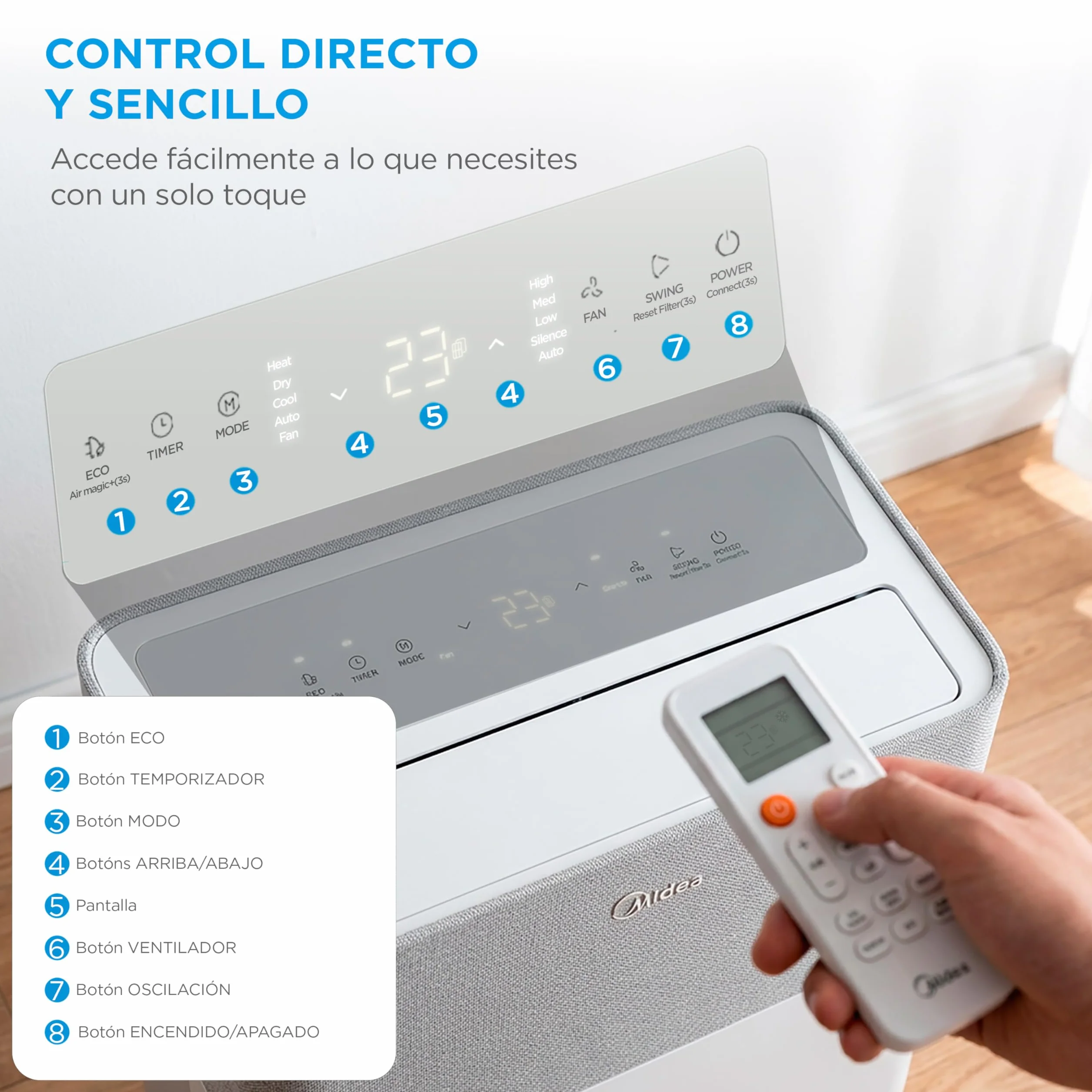 Midea Portasplit Aire Acondicionado Portatil 4 en 1 | 3000 frigorías / 12000 BTU | Split sin Obra de Bajo Consumo con modo Silence, App/Wifi, Deshumidificador, Calefacción y Ventilador hasta 45 m2