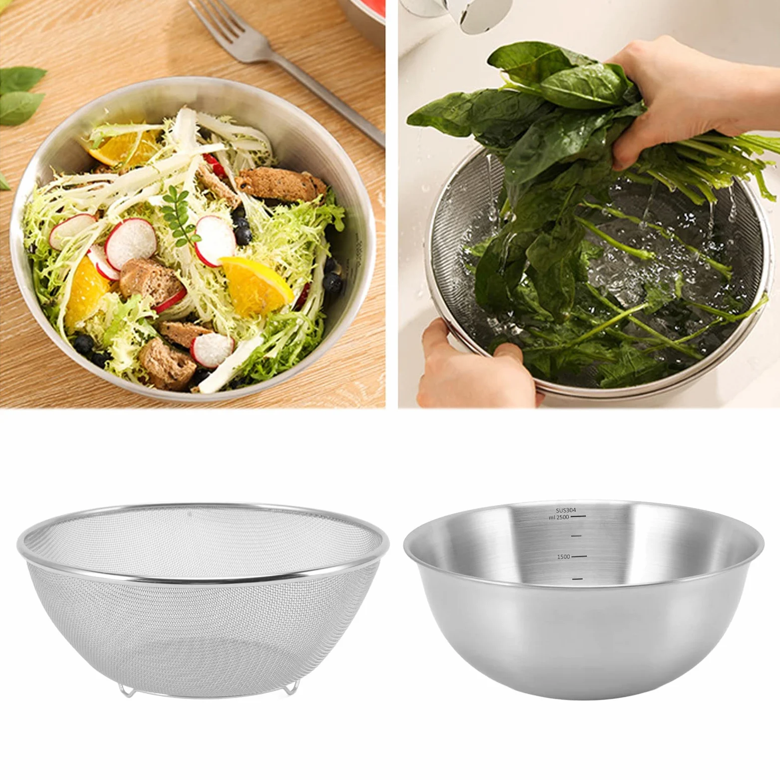 Colador de Acero Inoxidable, Colador de Colador para Cocina, Colador de Metal, Coladores de Malla Fina de Acero Inoxidable (Cuenco+Pantalla de malla)