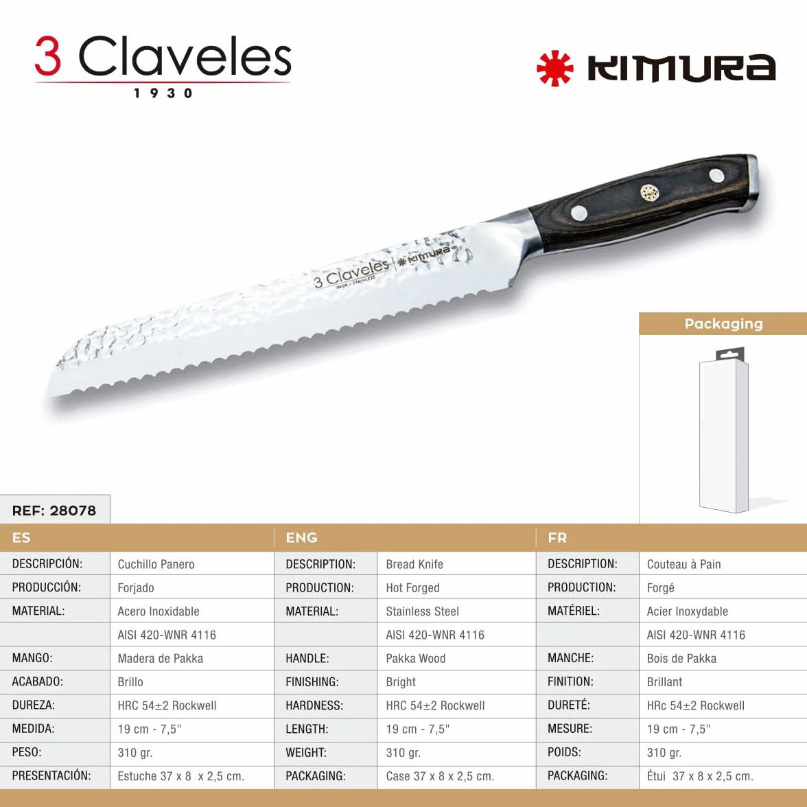 Cuchillo Panero Profesional 19cm 3 Claveles - Sierra grande Duradera para cortar para Pan, Corte Limpio en cocina, Mango Madera Pakka, Resistente"