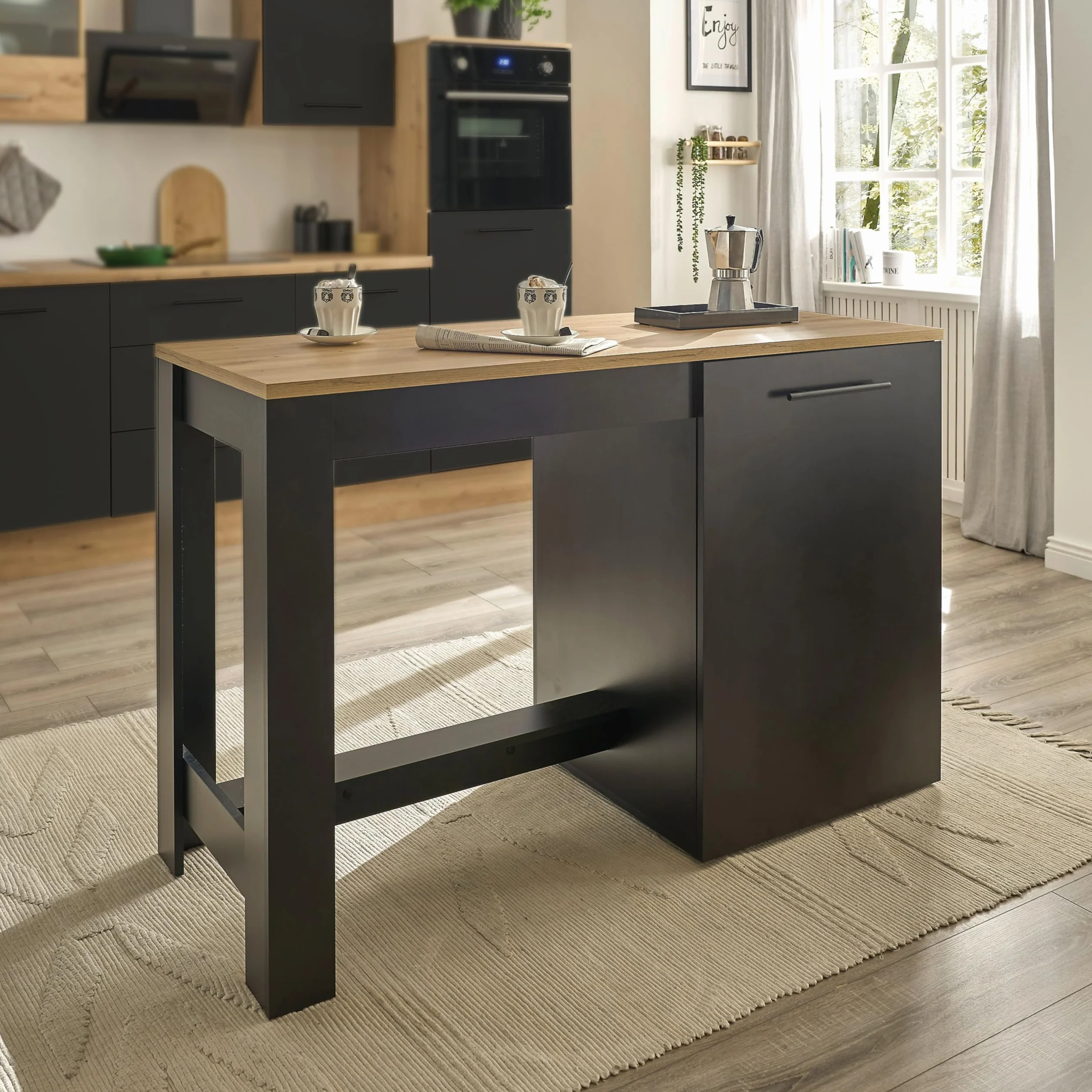 Stella Trading ADON Moderna Independiente Mate, Aspecto Artesano-Espaciosa Isla de Cocina con encimera, Madera de ingeniería, Negro Black Artisan Roble, 138 x 91 x 56 cm
