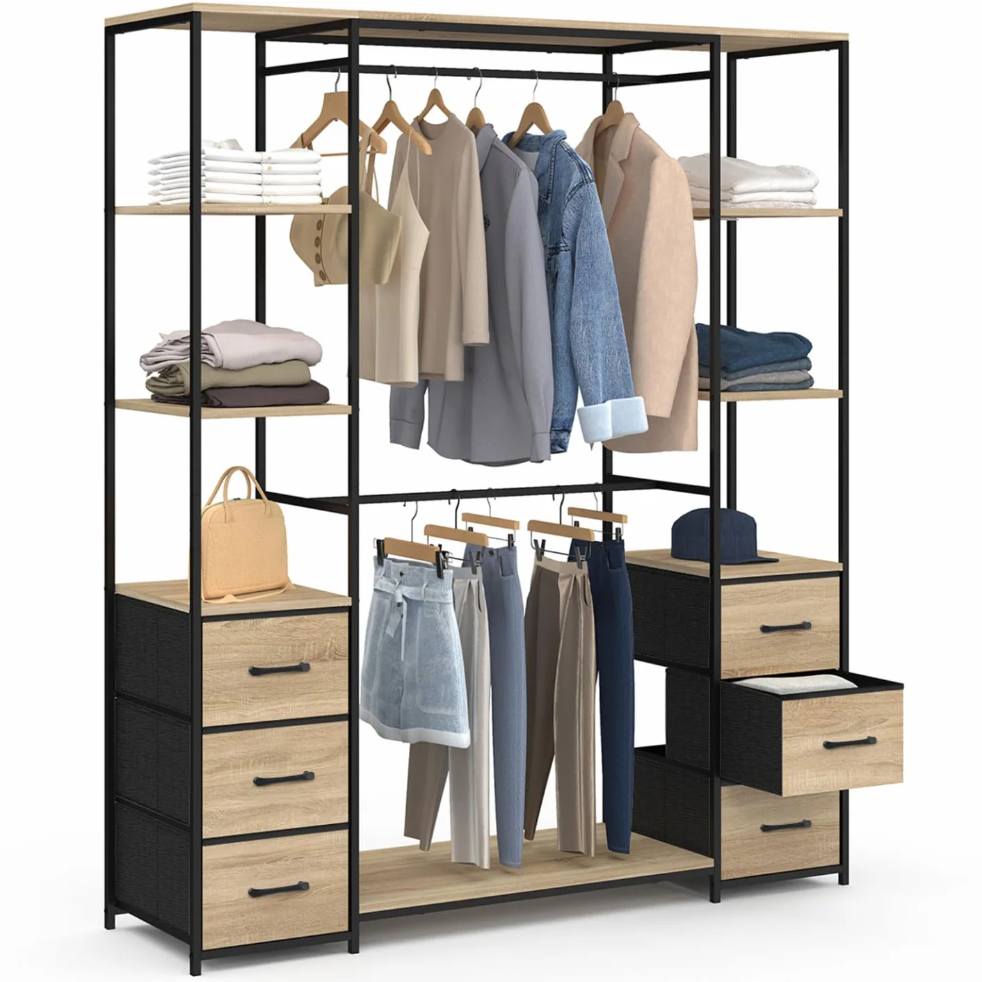 IDMarket - Vestidor doble armario + doble columna L. Utah 140 cm con 6 estantes y 6 bandejas de tela de madera y negro