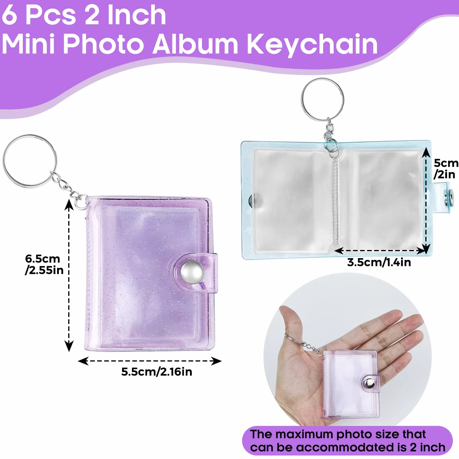 6 Piezas Mini Llaveros Personalizados Álbum de Fotos 2 Inch Photocard Holder PVC llavero Album Fotos Foto con tarjeta llavero Foto de Tarjeta de Identificación para Amigos Familias