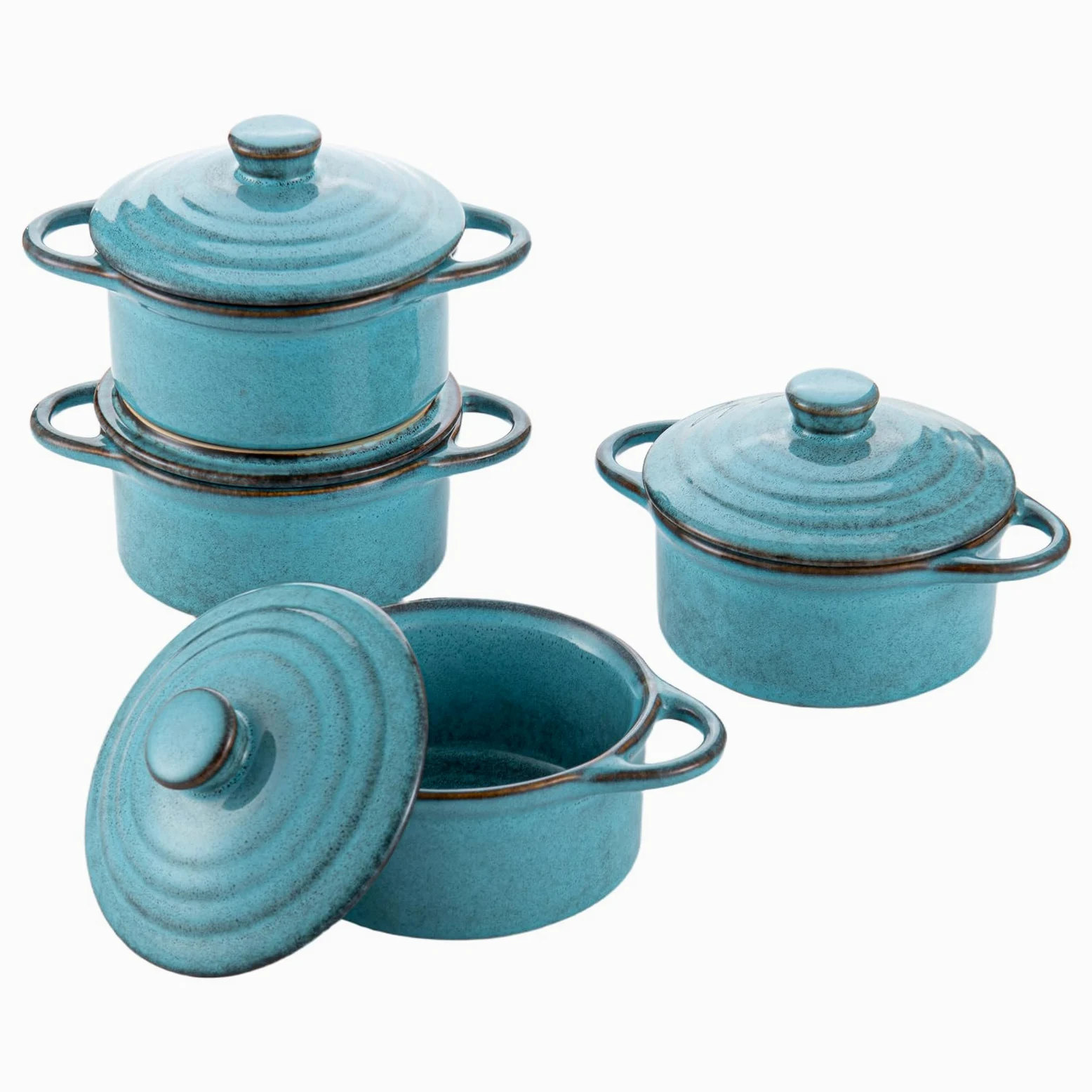 HENXFEN LEAD Cazuela de cerámica, 350 ml, mini ramequines de soufflé de cocottes con tapas y asas, juego de 4 moldes pequeños para hornear, azul reactivo