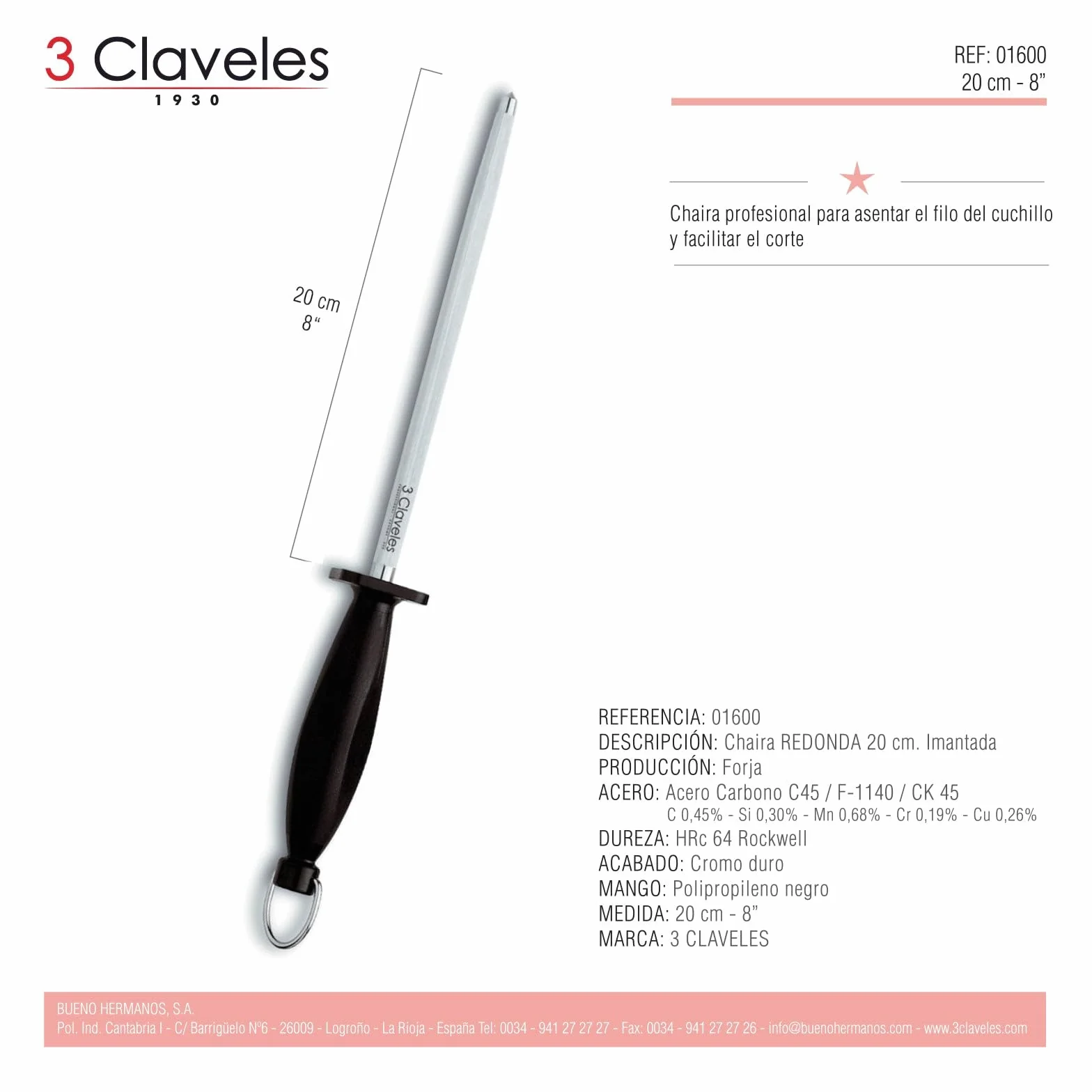 3 Claveles 00966 - Juego de cuchillos para rebanar de filo hueco y acero para afilar, 29 cm, Negro