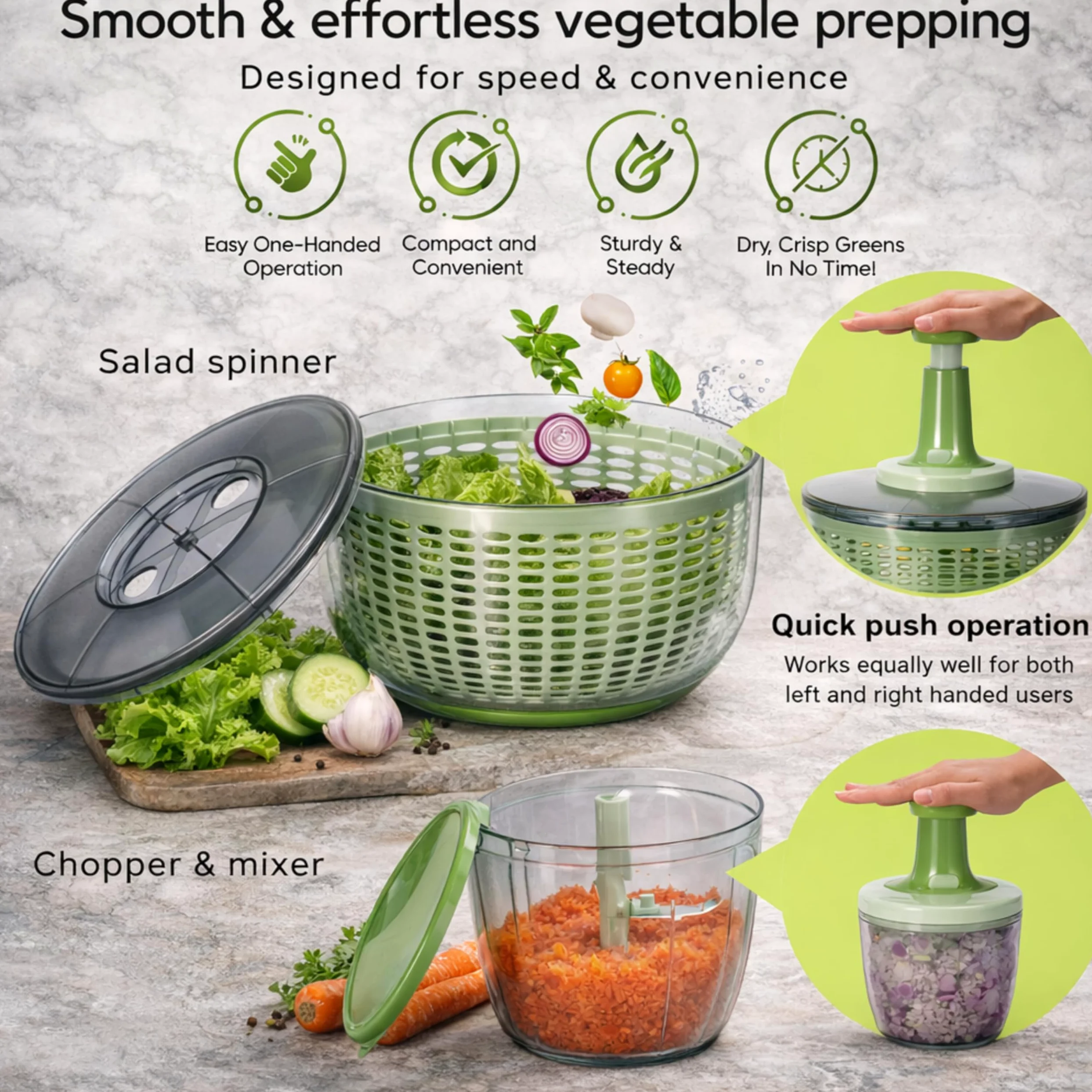 Brieftons Centrifugador y picador de ensalada: secadora grande de verduras de lechuga de 6 litros, con mezclador picador de verduras de 0,9 litros, almacenamiento compacto, fácil operación de empuje