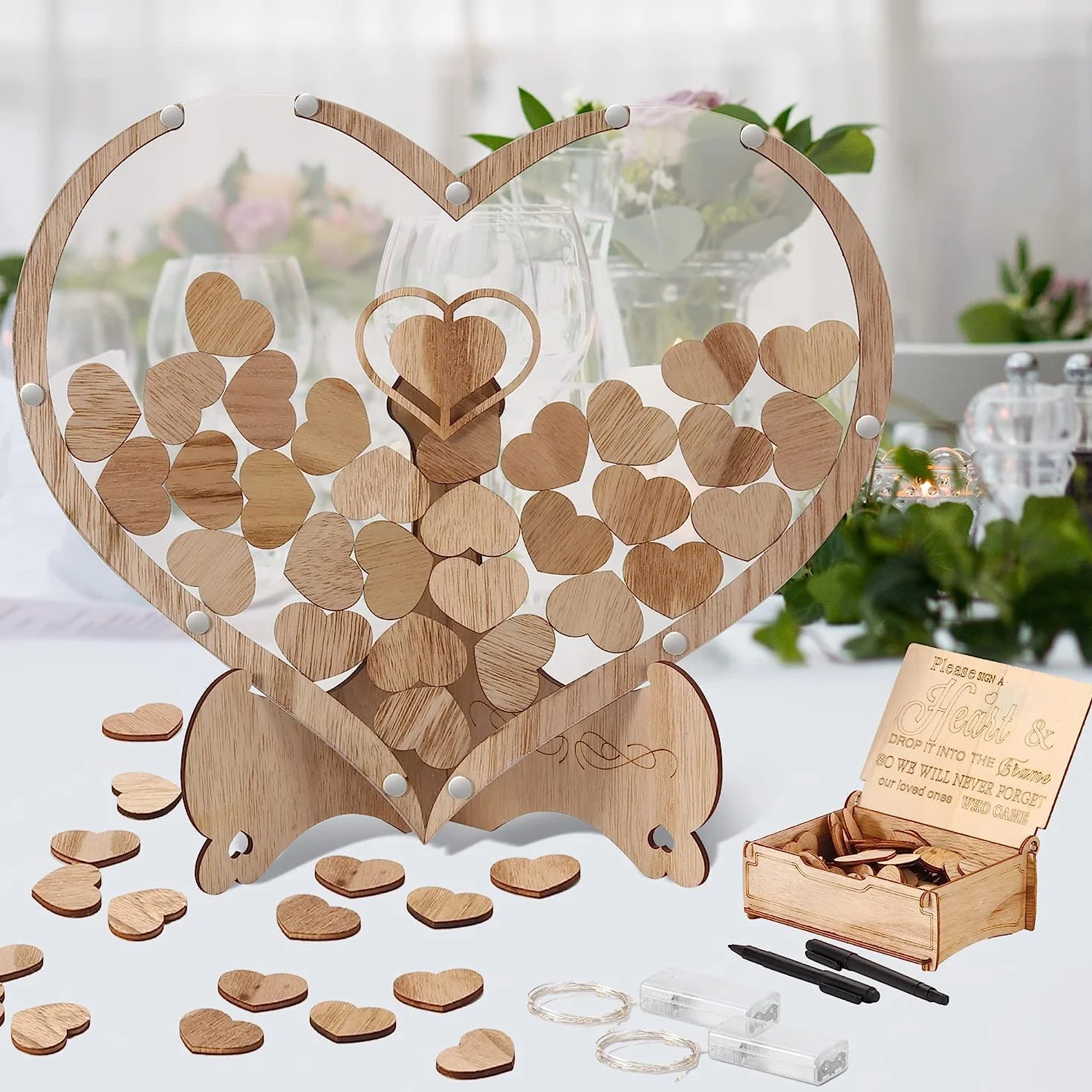 Arespark Libro de invitados de boda, juego de decoración de boda con corazón de madera, 100 corazones de madera, caja de almacenamiento, 2 marcadores, 2 barras de luz, regalo, decoración
