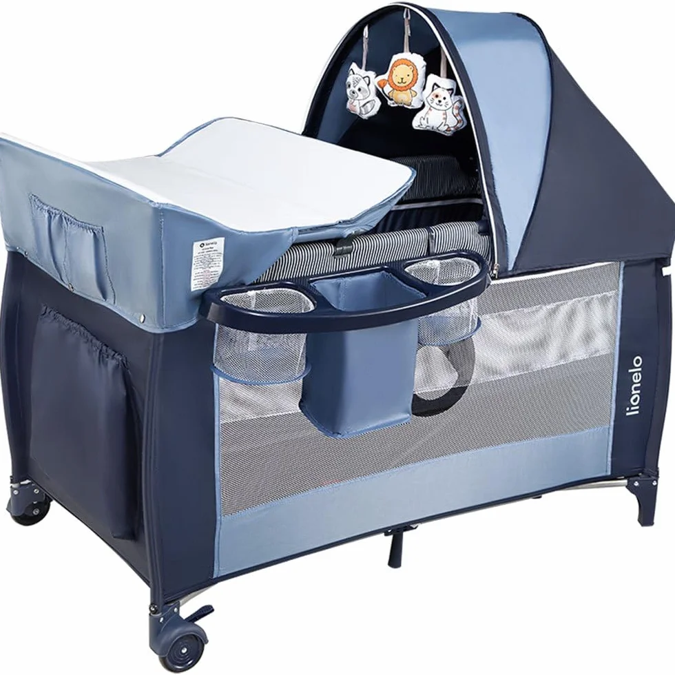 lionelo Sven Plus Cuna de Viaje para bebés 0-36M para niños hasta 15 kg Función de Cambiador Mosquitero Apertura Lateral con Cremallera Ajuste de Altura (Azul Oscuro)