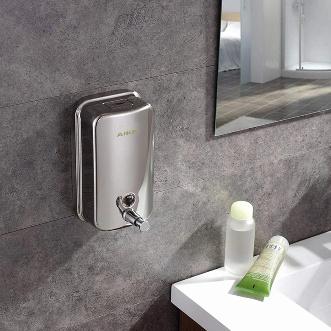 AIKE AK1001 Dispensador de Jabon de Manos, Comercial Dispensador de Jabón Pared de Acero Inoxidable Recargable (Pulido 500ML)