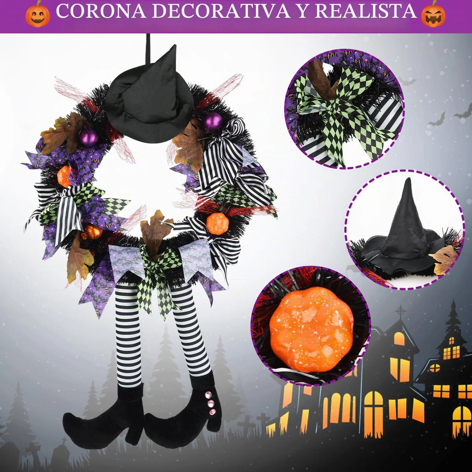 Timiyou Decoración de Corona de Halloween,Hallowee Guirnalda de Bruja, Pierna, Calabaza, Hoja de Arce,Corona De Halloween para Colgar En La Puerta Decoracion para Puerta de Casa, al Aire Libre