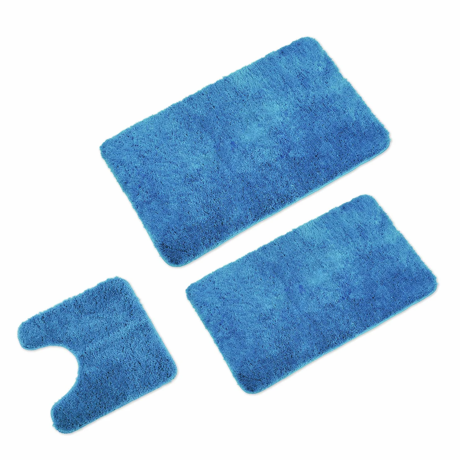 WohnDirect Alfombrilla de baño Conjunto - Alfombra baño Juego - Antideslizante - Lavable - Alfombra para el Cuarto de baño - Azul - 50 x 80 cm+ 60 x 100 cm + 45 x 45 cm con Recorte | Juego de alfombrillas de baño de pelo largo con cuello en U, con certifi