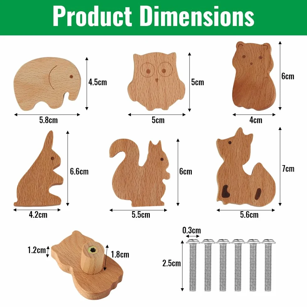 Tiradores Armarios, 6 Piezas Pomos con Adorables Animales para Muebles, Hechos de Madera Maciza con Textura Natural, Ideales para Decorar Habitaciones Infantiles y Tocadores