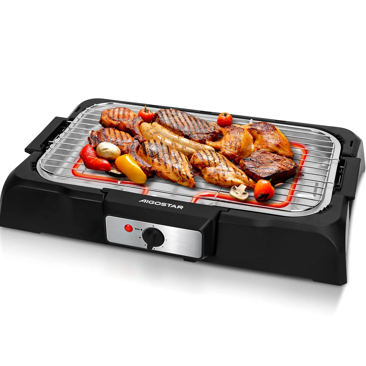 Aigostar Barbacoa electrica portatil, 2000 W, resitencia extraíble, Negro | Parrilla Inoxidable y Altura Ajustable a 2 Niveles, indicador luminoso, bandeja antigoteo, Tasty