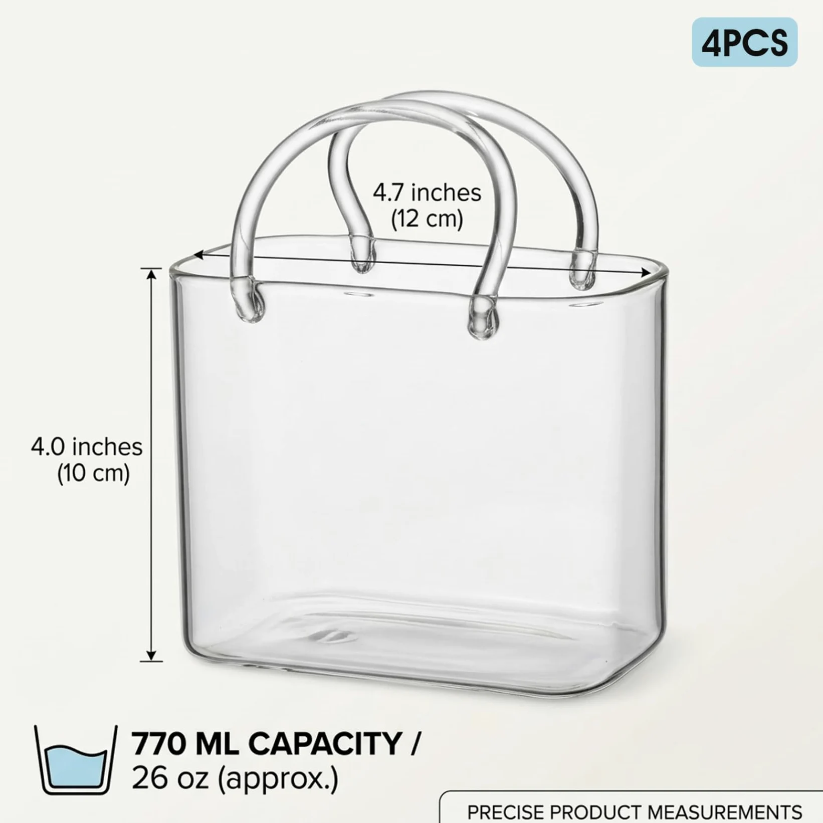 Bolso de Cristal para Bebidas 4 Vasos únicos con pajitas Bonito Bolso de cóctel con diseño de Vasos para zumos cócteles sin Alcohol y Fiestas.