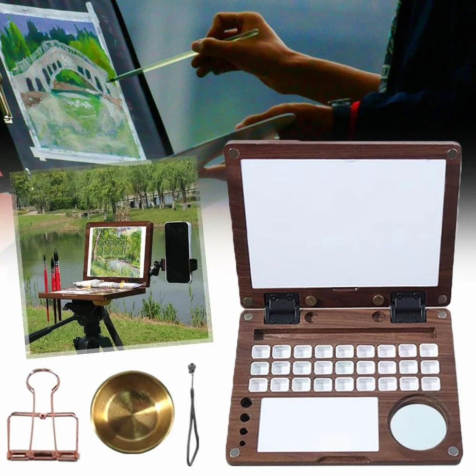 Paleta de acuarela portátil de madera de nogal negro de 27 rejillas, bandeja de pintura de viaje plegable con área de mezcla y recipiente de lavado de pinceles, rejilla desmontable para multipintura