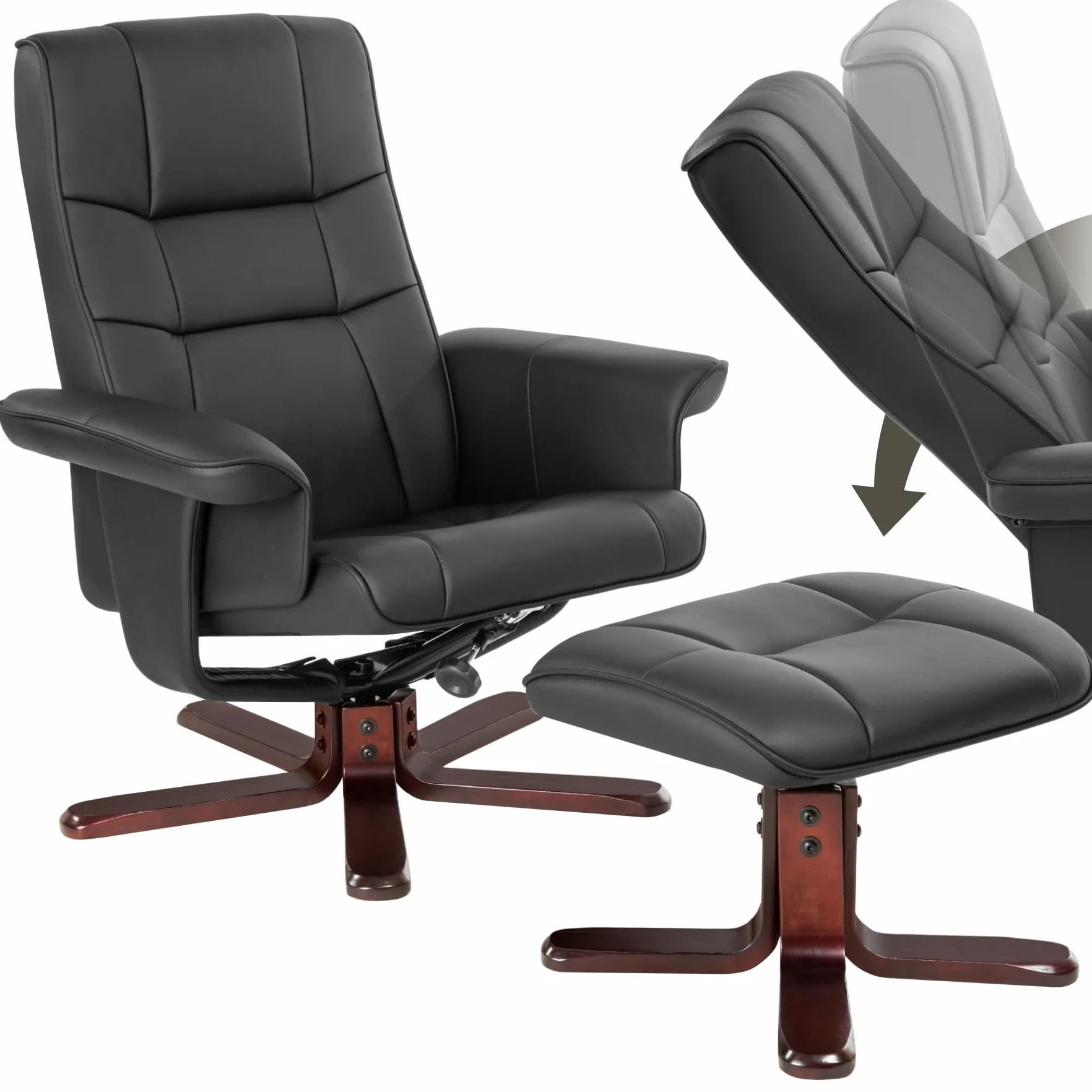 tectake® sillón Relax reclinable con Taburete, Respaldo oscilante y 360° Giratorio, cómodo Acolchado con Funda de Cuero sintético, Ideal para salón, Dormitorio o Lectura - Negro/Marrón
