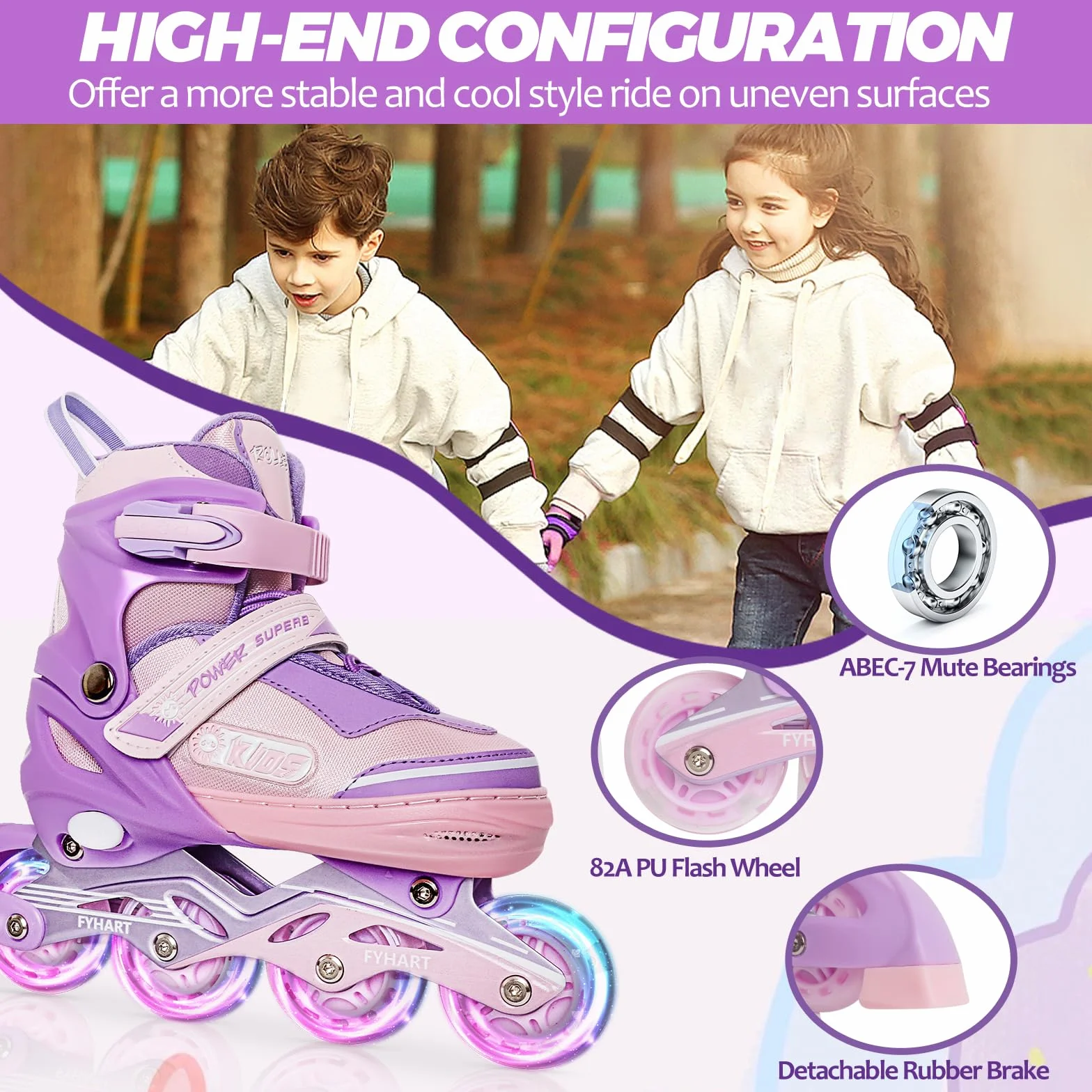 Patines en línea Ajustables para Niños y Niñas, 4 Ruedas con Ruedas Luminosas, Rosa Violet