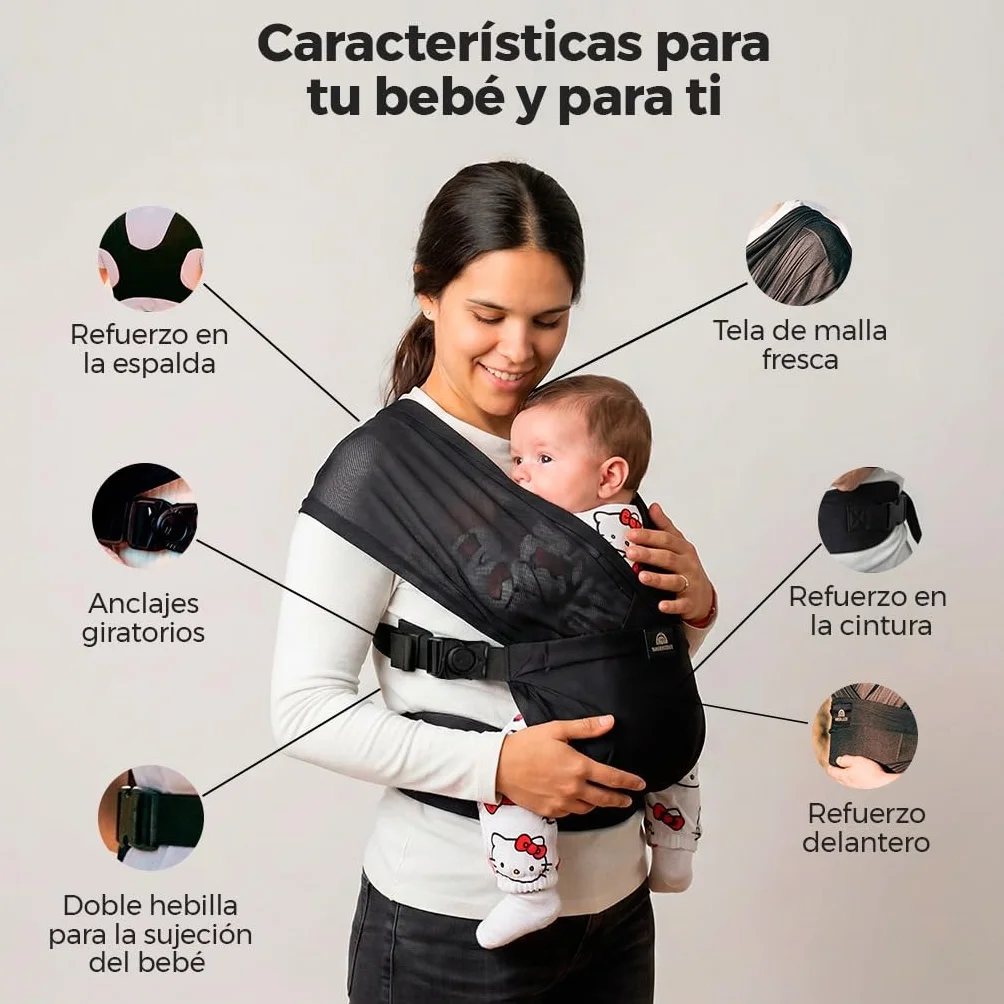 Portabebe 3-24 meses Porteo Ergonomico Fresco Ligero Malla Fresca Anclajes Giratorios Ajustables Colocacion Rapida Manos Libres