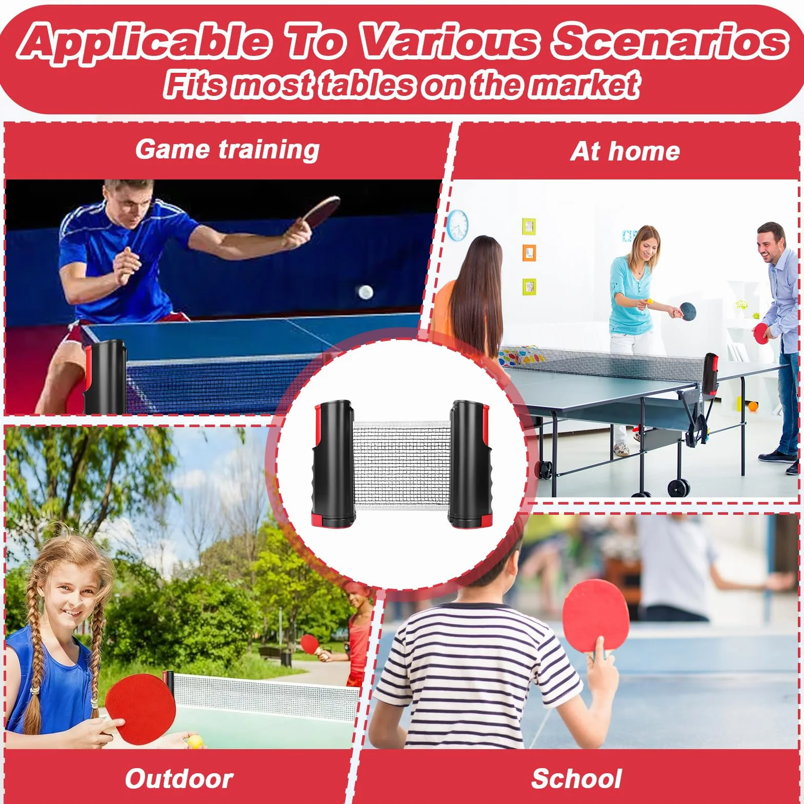 Red Ping Pong Retráctil 10-175cm, Soporte Tenis Mesa Extensible, Redes Ping Pong Telescópica para Mesa Familiar (Negro)