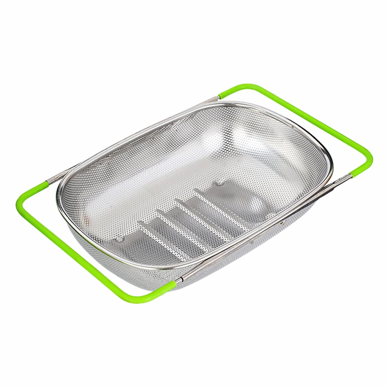 Colador Extensible Sobre el Fregadero(38-54cm), Cesta de Drenaje de Malla Fina de Acero Inoxidable para Cocina, Drenaje de Pasta, Lavado de Verduras, Arroz, Frutas y Almacenamiento de Platos-Verde