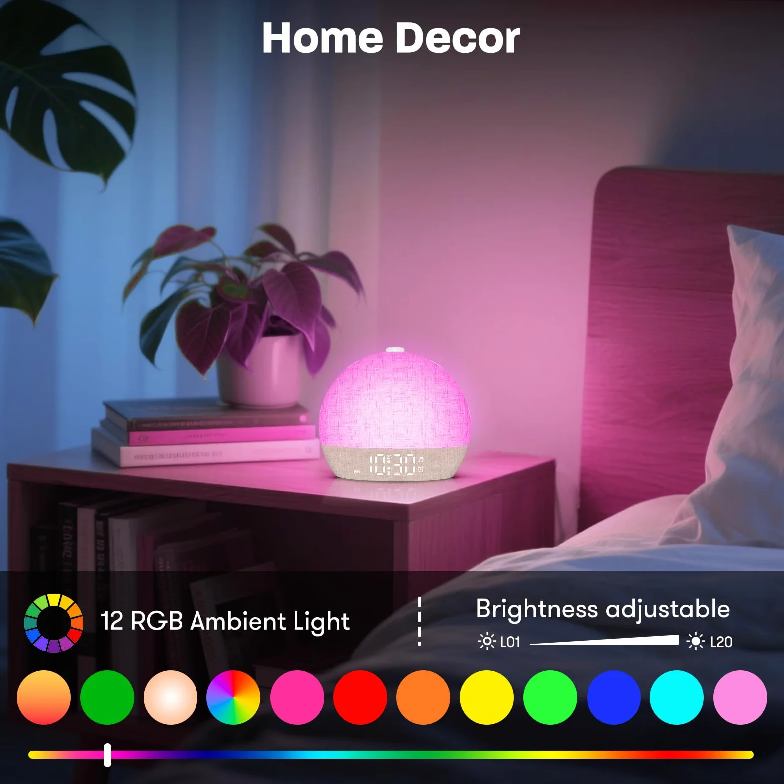 Reloj despertador con luz de amanecer, máquina de sonido de ruido blanco con 30 sonidos relajantes, luces nocturnas regulables, ayuda para dormir, repetición, temporizador, reloj despertador fuerte
