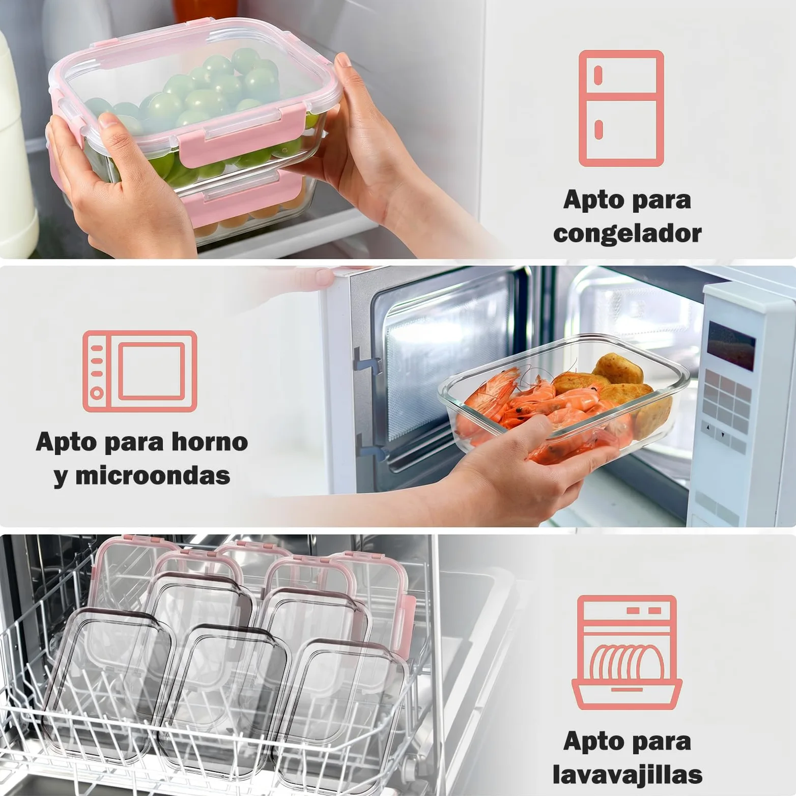 YASHE 10 Piezas Recipientes de Vidrio con Tapas Herméticas, Reutilizables, Apto para Microondas, Horno, Congelador y Lavavajillas, Sin BPA, Fiambrera Cristal, Rosa