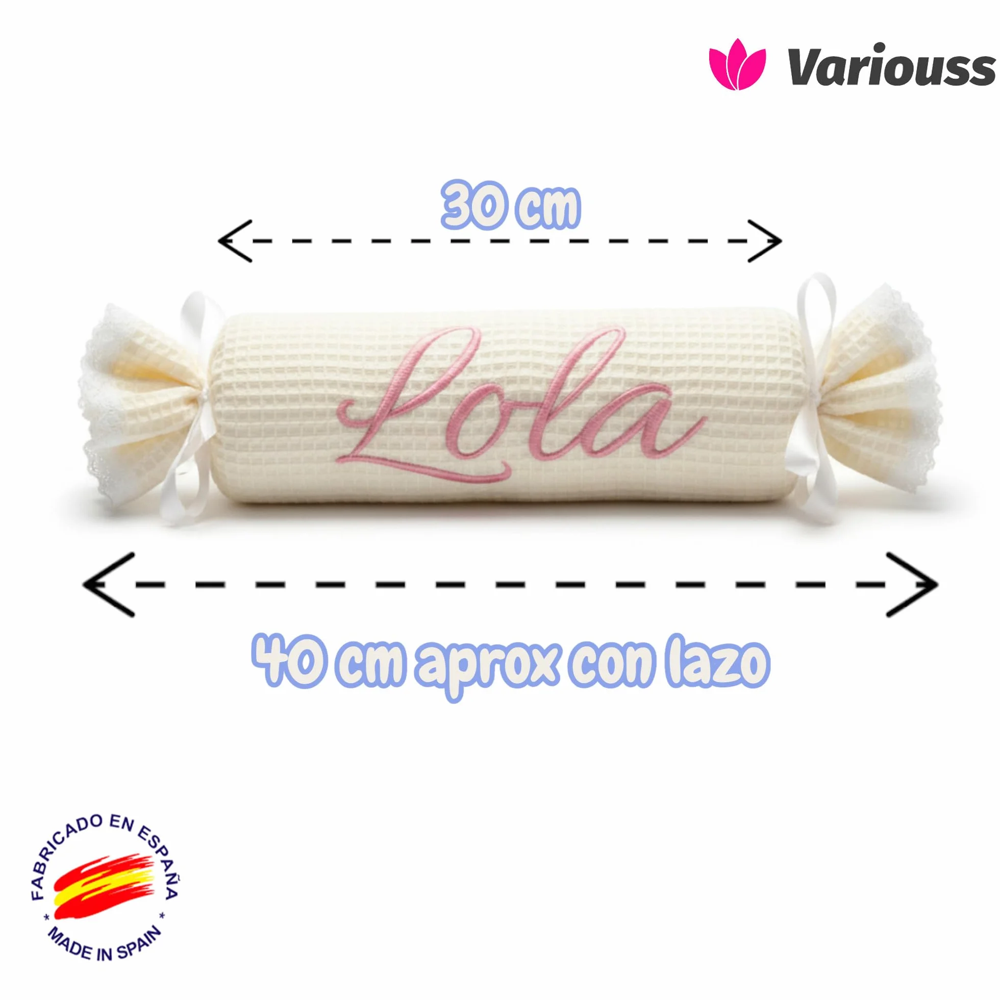 Cojín Caramelo para Bebé Personalizado, Tejido Piqué Waffle Suave, Decorativo Infantil, Regalo Recién Nacido (Beige)