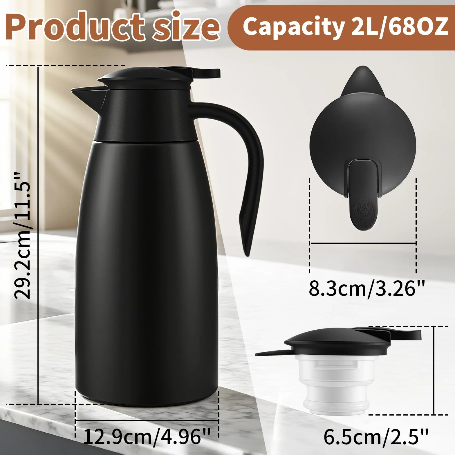 2 Litros Jarra Termo, Jarra Térmica se Acero Inoxidable 304, Termo con Aislamiento Térmico, Se Mantiene Caliente Durante 24 Horas Para Café, Té, Agua, Bebida (Black)
