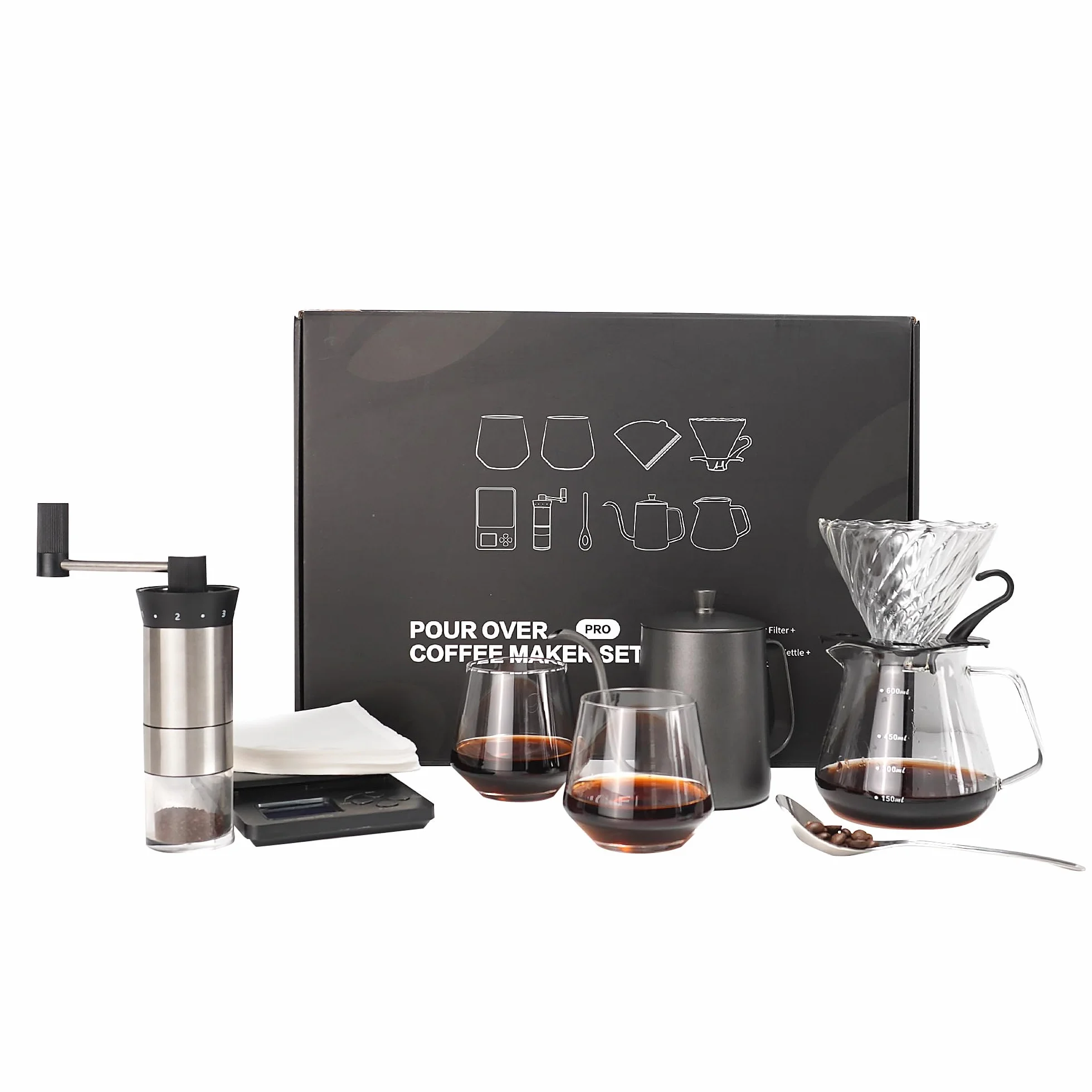 SuperCook Juego de café de goteo manual todo en uno, incluye hervidor de cuello de cisne, gotero de vidrio V60, filtro de papel, tazas de café, molinillo manual, escala de café, ideal para regalo de